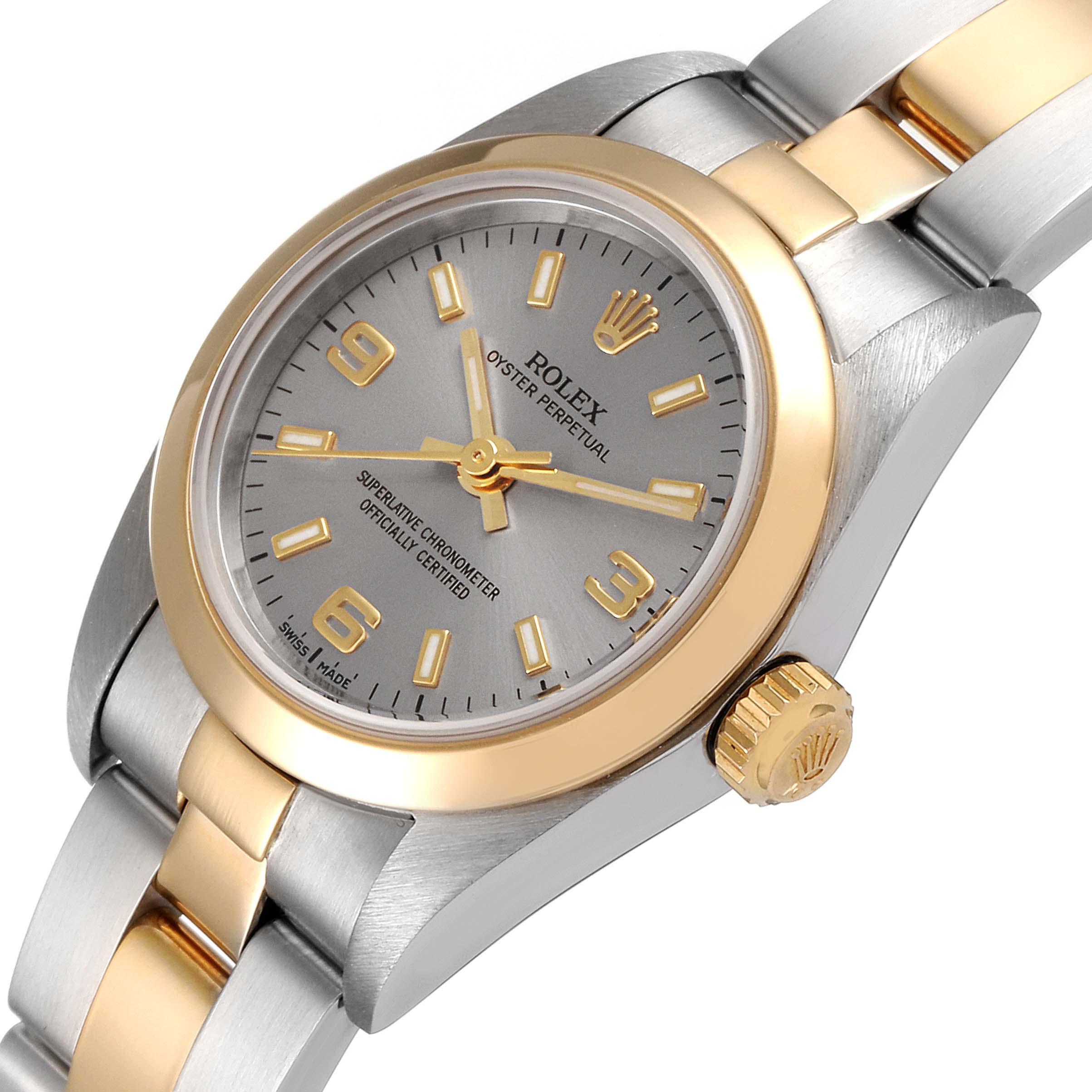 The image shows a close-up angle of the Rolex Oyster Perpetual 76183 Women's Steel and Gold (two tone) Grey Dial 76183 Women's Steel and Gold (two tone) Grey Dial watch, highlighting the dial, bezel, and part of the bracelet.
