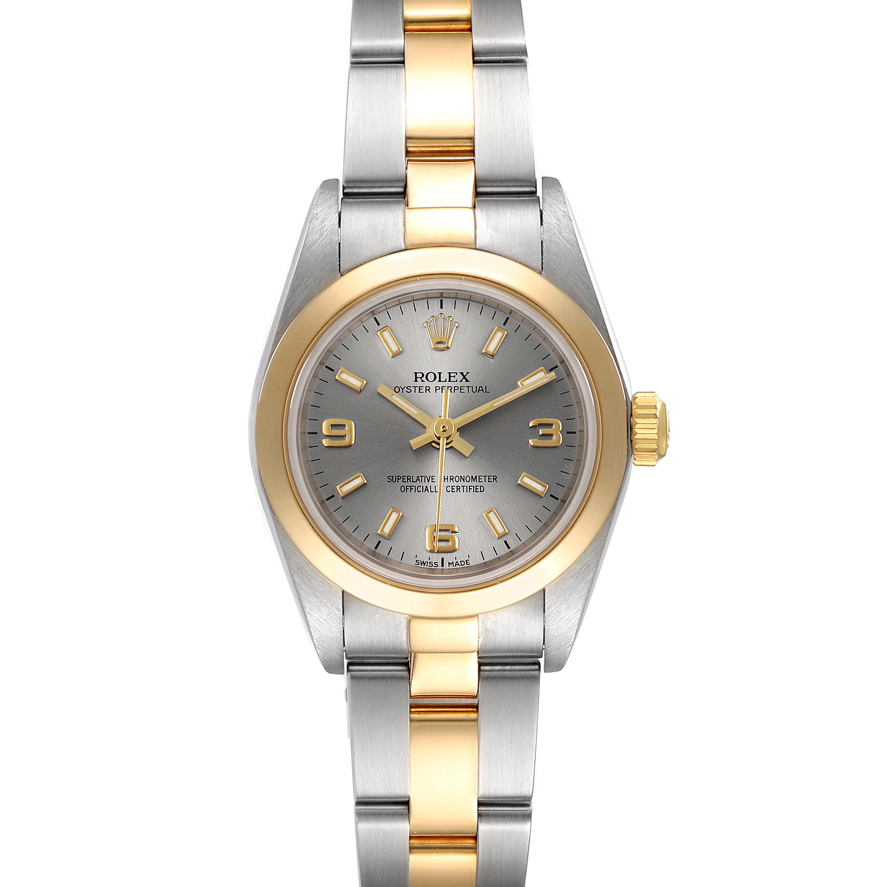 The image shows a frontal view of the Rolex Oyster Perpetual 76183 Women's Steel and Gold (two tone) Grey Dial 76183 Women's Steel and Gold (two tone) Grey Dial watch, highlighting the dial, crown, and two-tone bracelet.