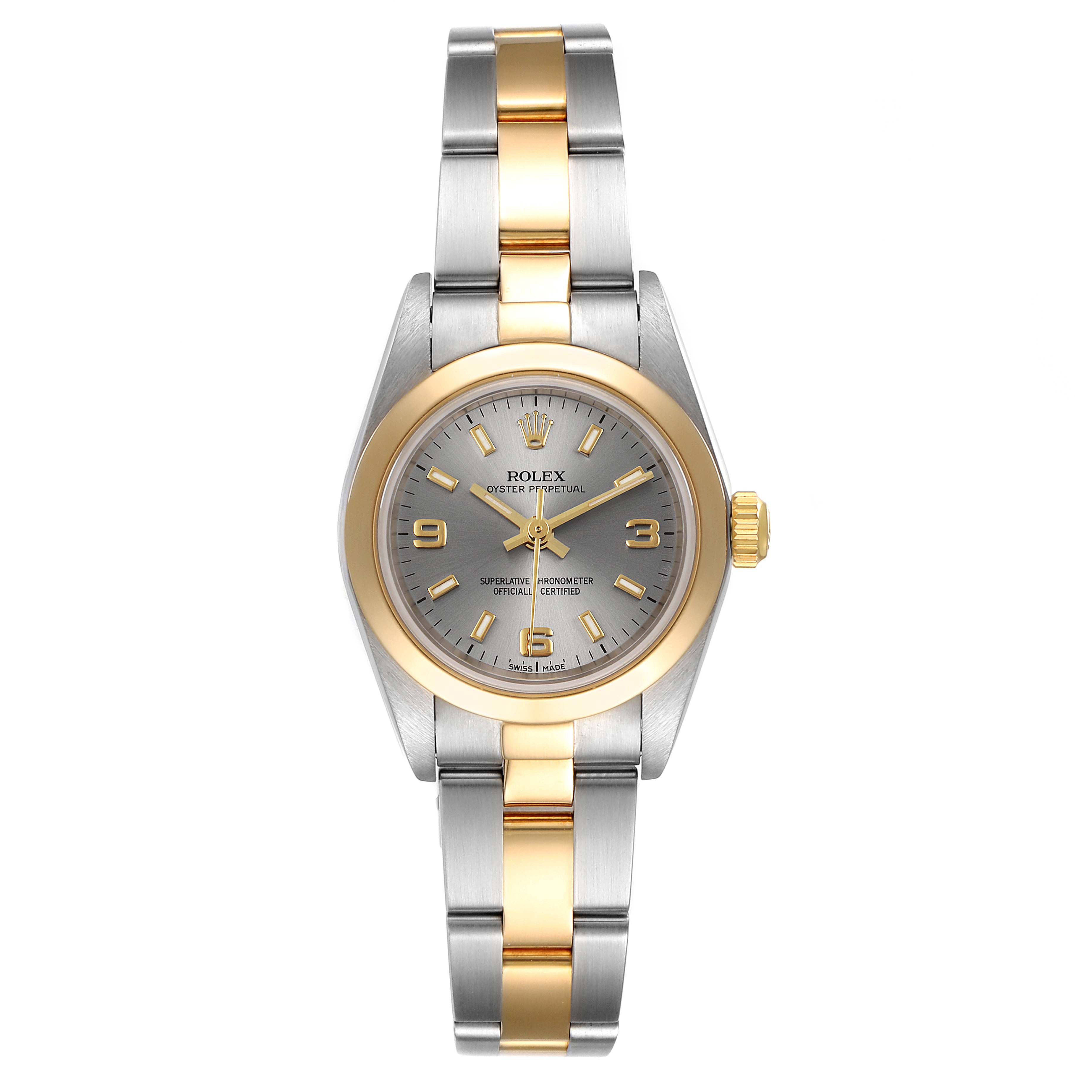The Rolex Oyster Perpetual 76183 Women's Steel and Gold (two tone) Grey Dial 76183 Women's Steel and Gold (two tone) Grey Dial watch is shown from a top-down angle, displaying the face, bezel, and full bracelet.