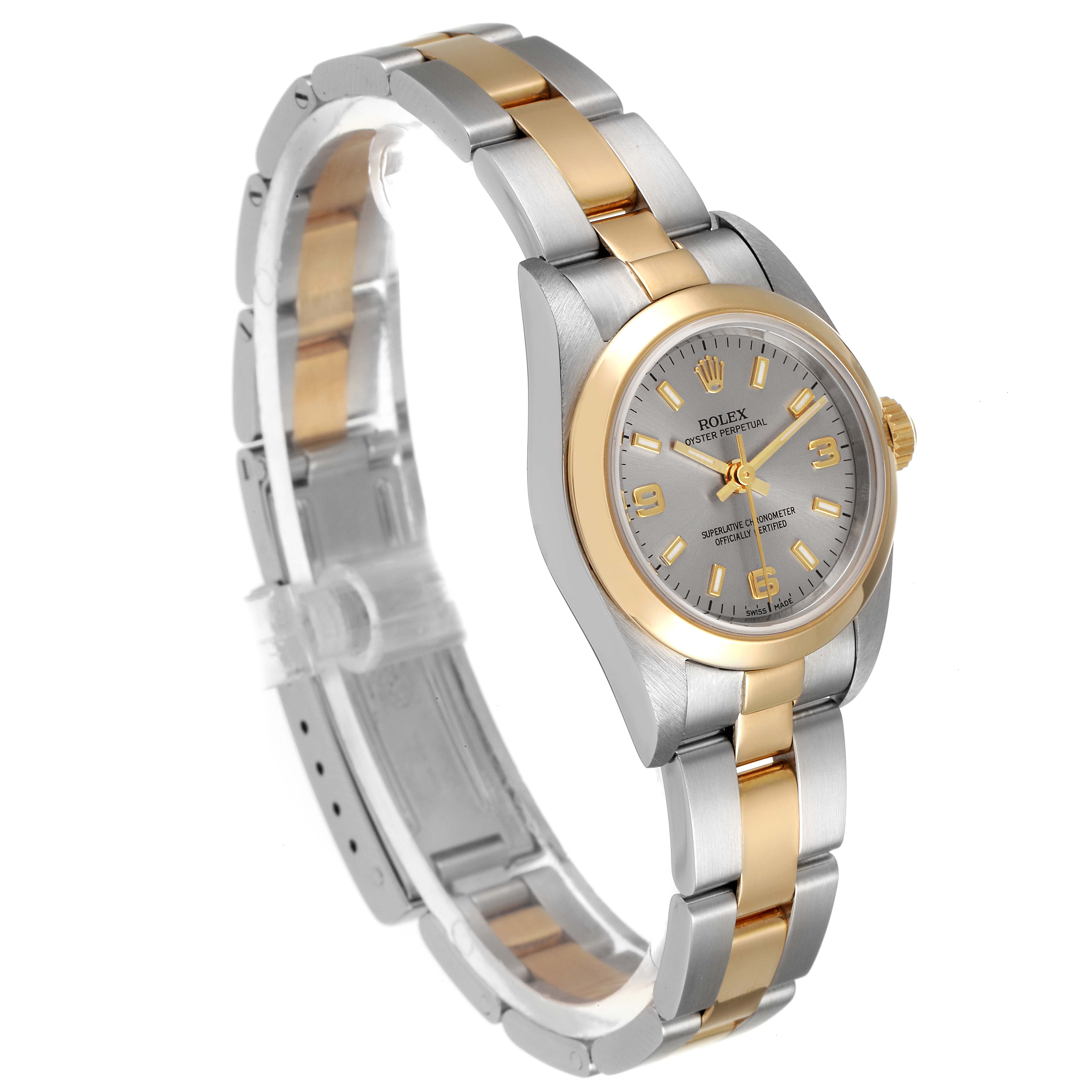 The image shows an angled side view of the Rolex Oyster Perpetual 76183 Women's Steel and Gold (two tone) Grey Dial 76183 Women's Steel and Gold (two tone) Grey Dial watch, focusing on its dial and two-tone bracelet.
