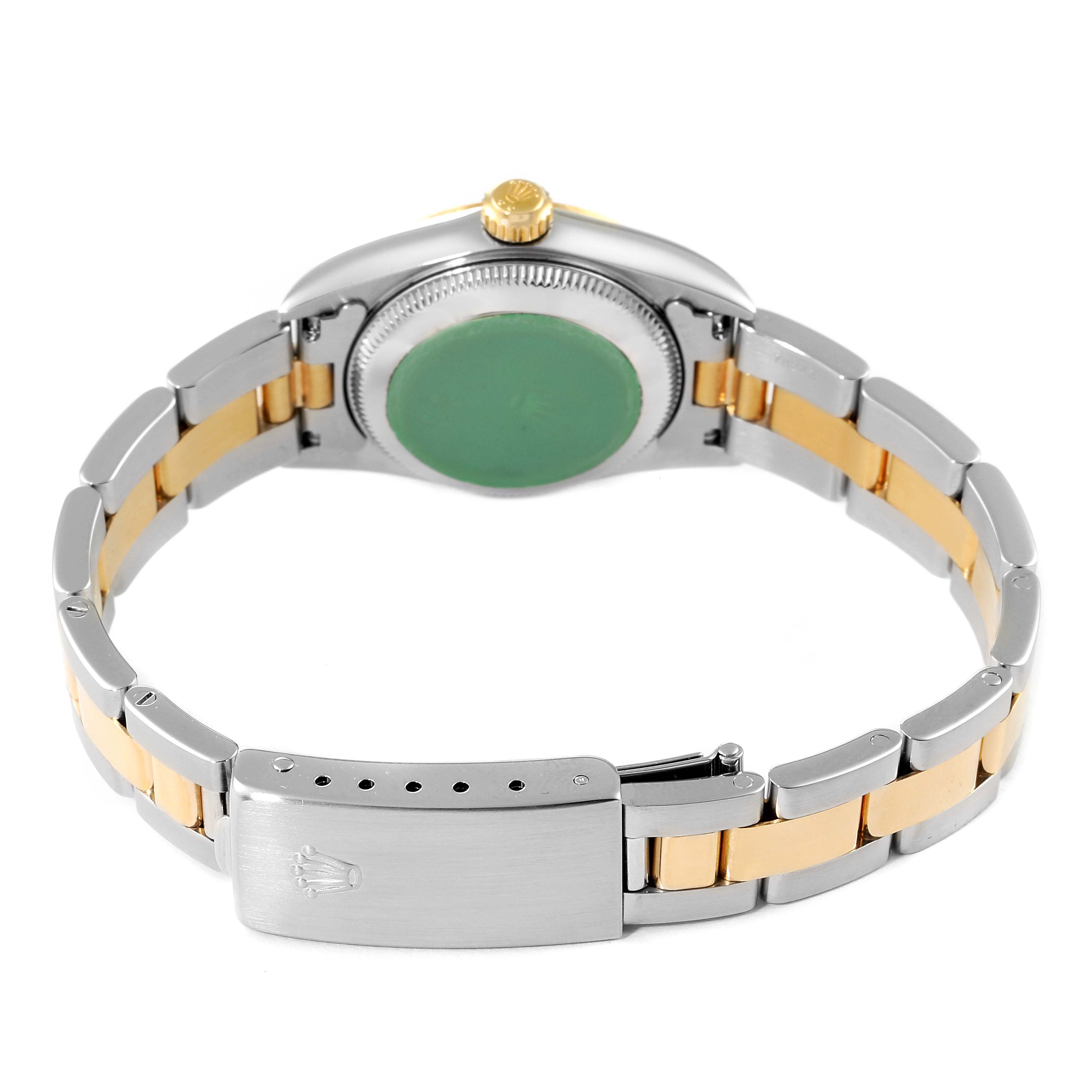 The image shows the back view of a Rolex Oyster Perpetual 76183 Women's Steel and Gold (two tone) Grey Dial 76183 Women's Steel and Gold (two tone) Grey Dial watch, highlighting its case back, bracelet, and clasp.