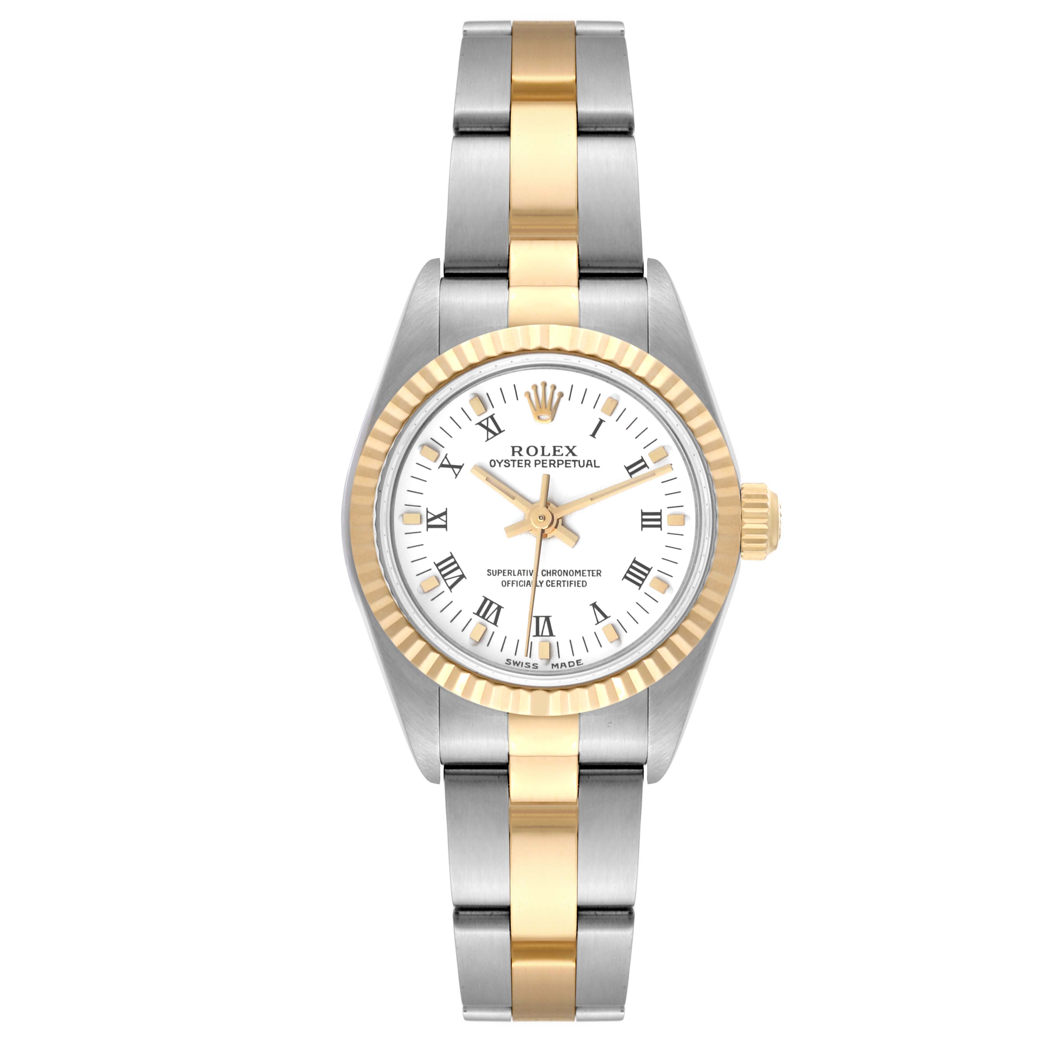 This image shows a front view of a Rolex Oyster Perpetual 76193 Women's Steel and Gold (two tone) White Dial 76193 Women's Steel and Gold (two tone) White Dial watch with a two-tone band and fluted bezel.