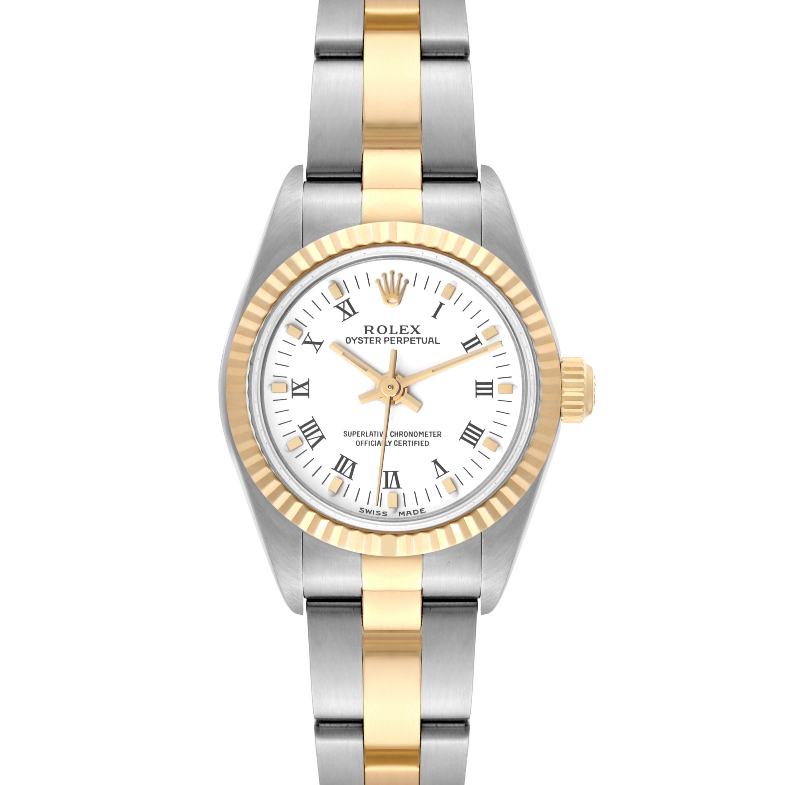 This is a front view of a Rolex Oyster Perpetual 76193 Women's Steel and Gold (two tone) White Dial 76193 Women's Steel and Gold (two tone) White Dial watch, showcasing its two-tone gold and silver band and fluted bezel.