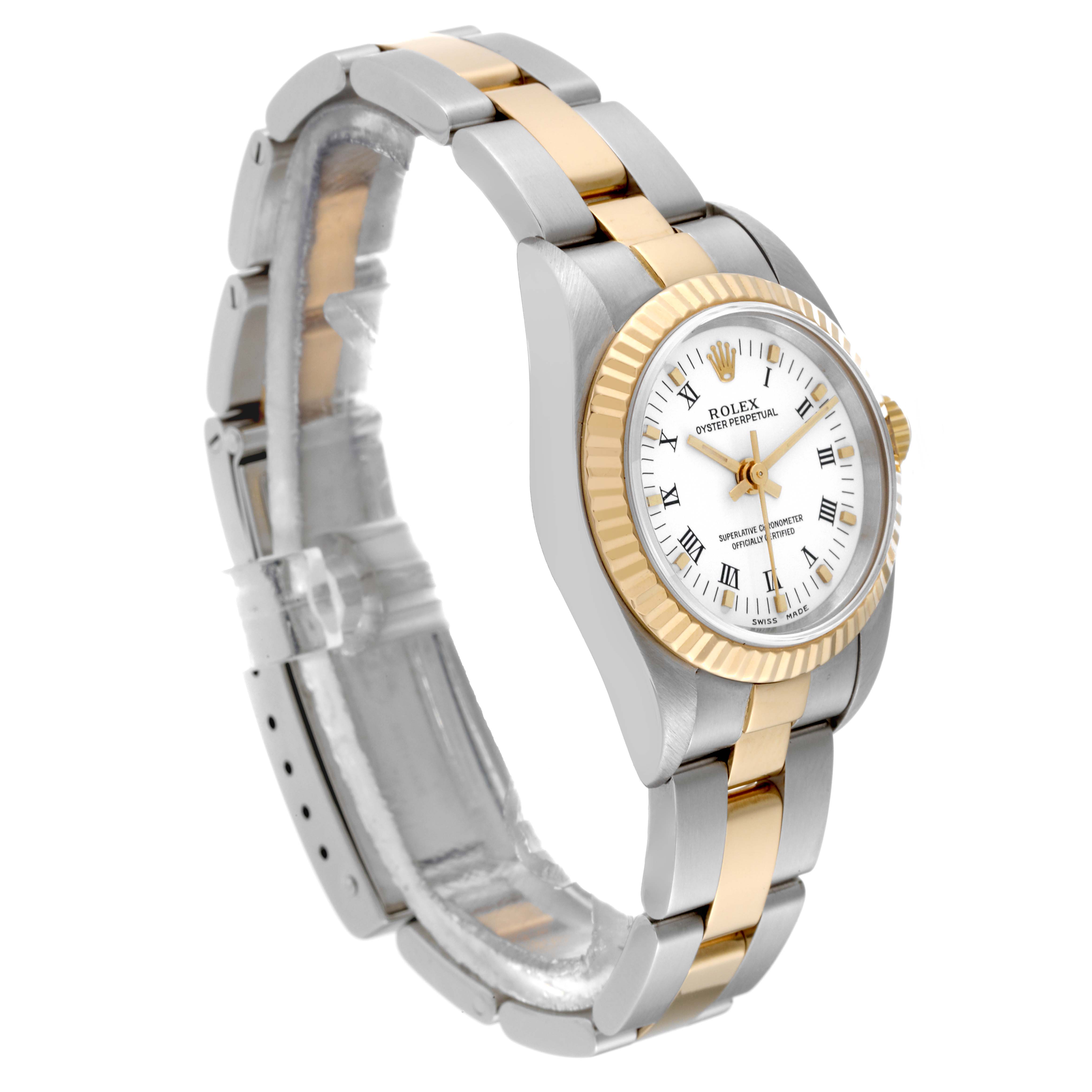 This image shows a Rolex Oyster Perpetual 76193 Women's Steel and Gold (two tone) White Dial 76193 Women's Steel and Gold (two tone) White Dial watch at an angled view, highlighting its gold and silver band and fluted bezel.