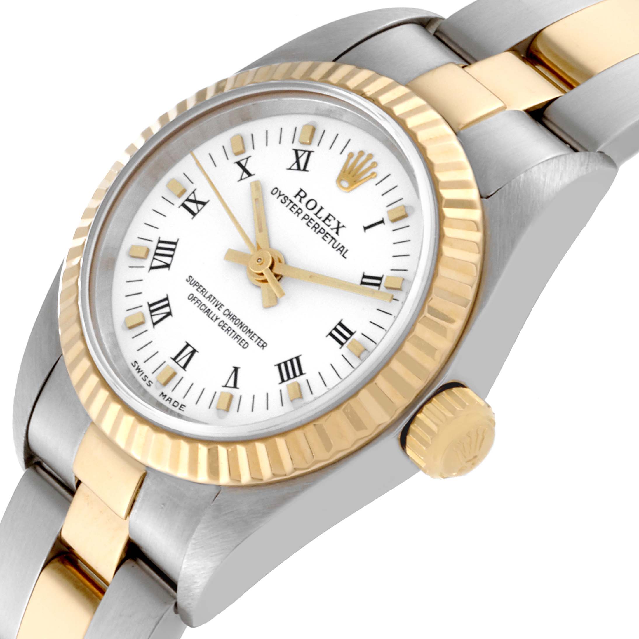 The image shows a close-up, oblique angle of the Rolex Oyster Perpetual 76193 Women's Steel and Gold (two tone) White Dial 76193 Women's Steel and Gold (two tone) White Dial watch, focusing on its bezel, dial, and crown.
