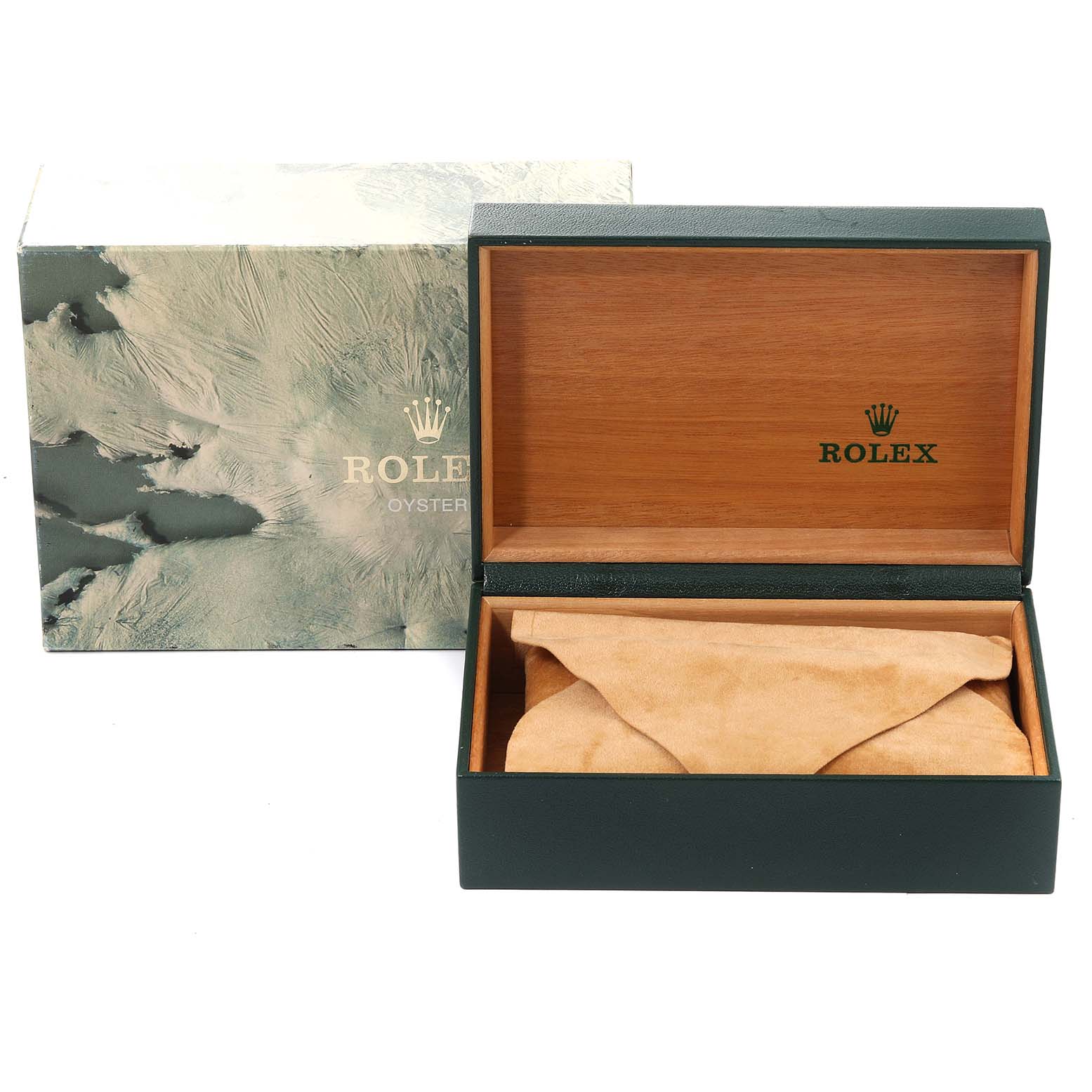 The image shows an open Rolex Oysterquartz 17013 Men's Steel and Gold (two tone) Champagne Dial 17013 Men's Steel and Gold (two tone) Champagne Dial watch box and its outer decorative box.