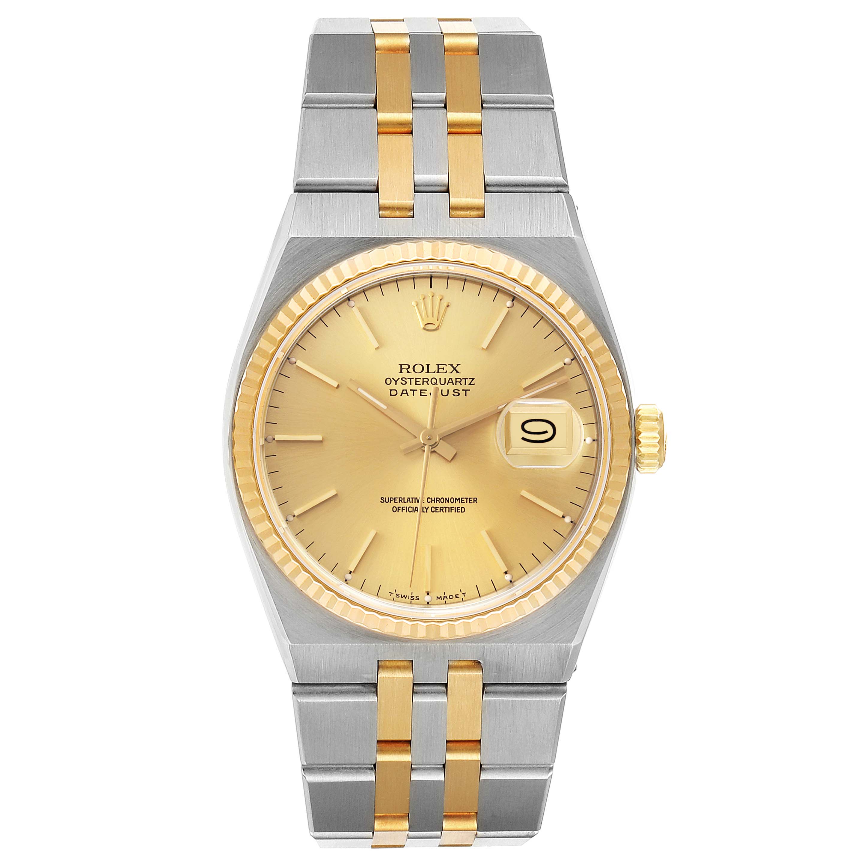 The image shows a front view of a Rolex Oysterquartz 17013 Men's Steel and Gold (two tone) Champagne Dial 17013 Men's Steel and Gold (two tone) Champagne Dial Datejust watch with a gold dial and two-tone bracelet.