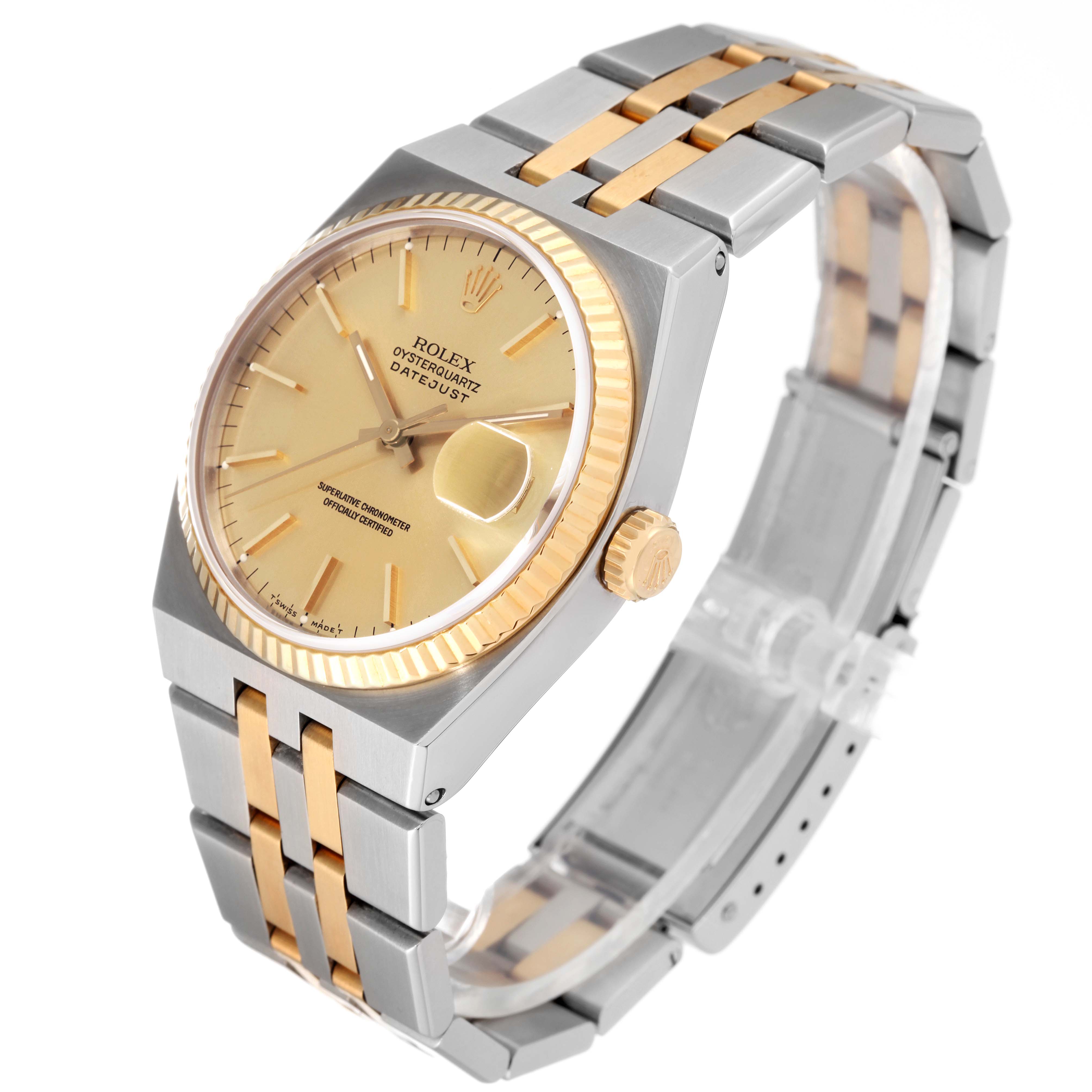 The image shows a Rolex Oysterquartz 17013 Men's Steel and Gold (two tone) Champagne Dial 17013 Men's Steel and Gold (two tone) Champagne Dial watch at an angled view, highlighting its bezel, dial, crown, and bracelet.