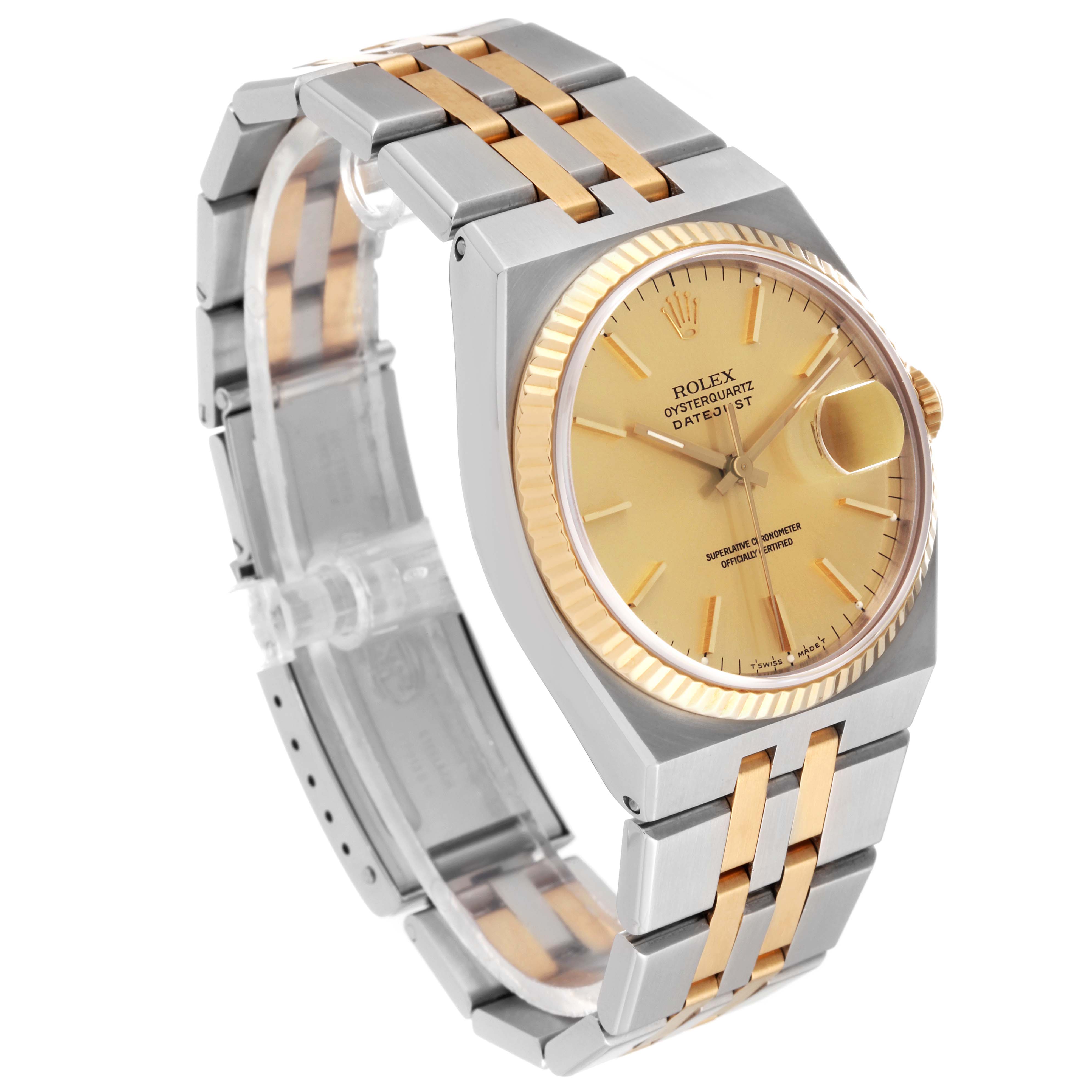 The image shows a Rolex Oysterquartz 17013 Men's Steel and Gold (two tone) Champagne Dial 17013 Men's Steel and Gold (two tone) Champagne Dial watch viewed from an angled perspective, highlighting the face, bezel, and two-tone bracelet.