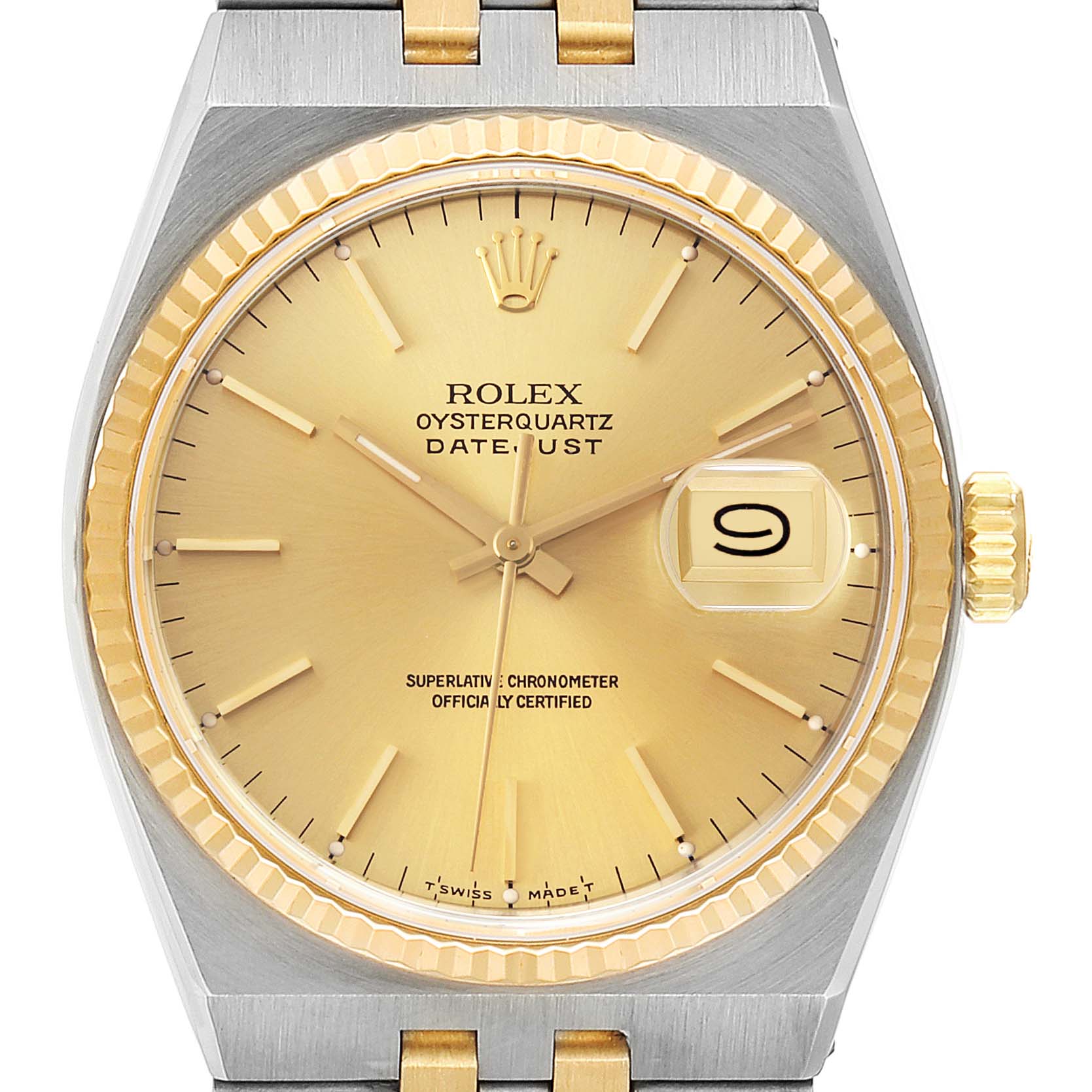 The image shows a close-up, front view of the Rolex Oysterquartz 17013 Men's Steel and Gold (two tone) Champagne Dial 17013 Men's Steel and Gold (two tone) Champagne Dial Datejust, highlighting the dial, hands, crown, and bezel.