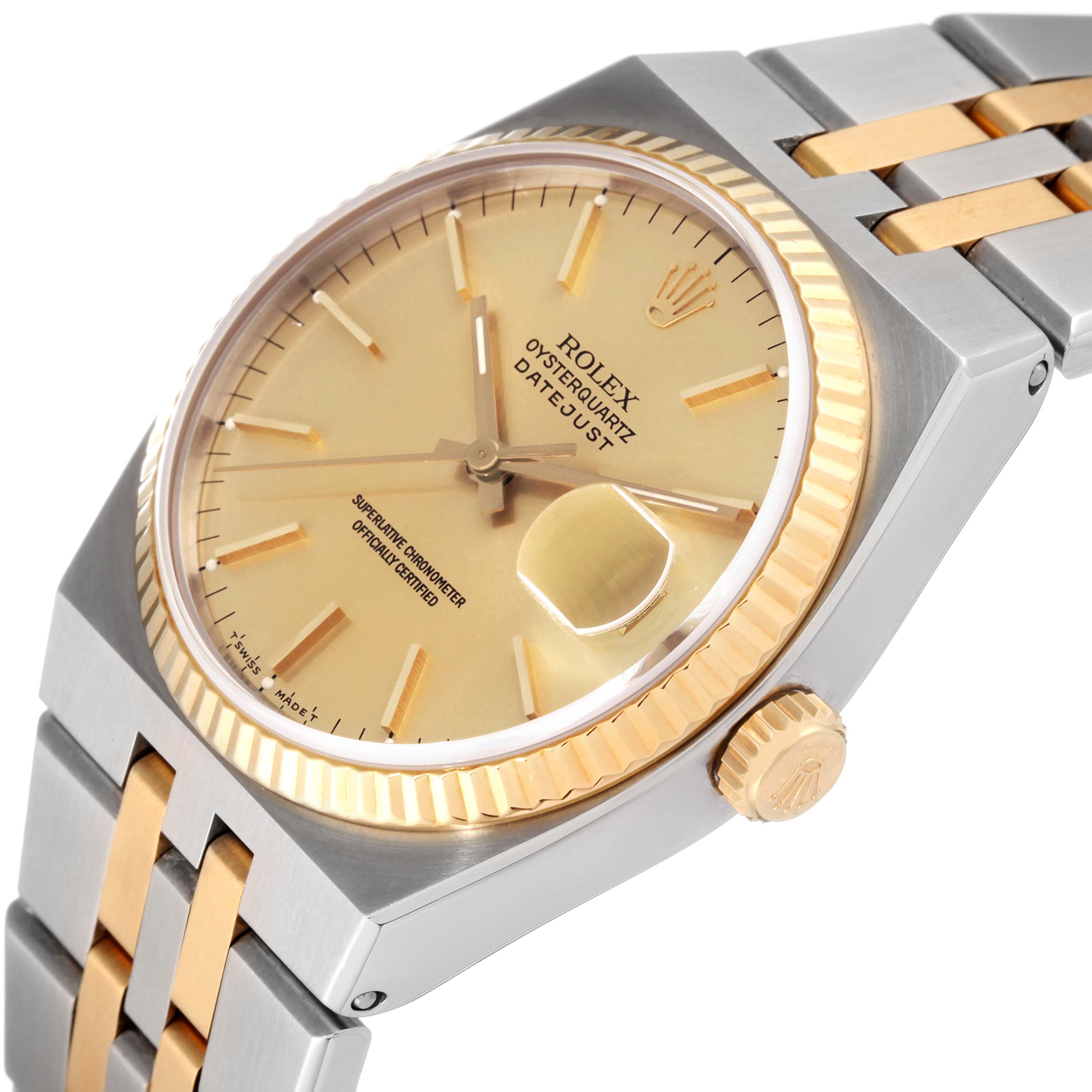 The image shows a close-up, angled view of a Rolex Oysterquartz 17013 Men's Steel and Gold (two tone) Champagne Dial 17013 Men's Steel and Gold (two tone) Champagne Dial Datejust featuring its dial, crown, and two-tone bracelet.