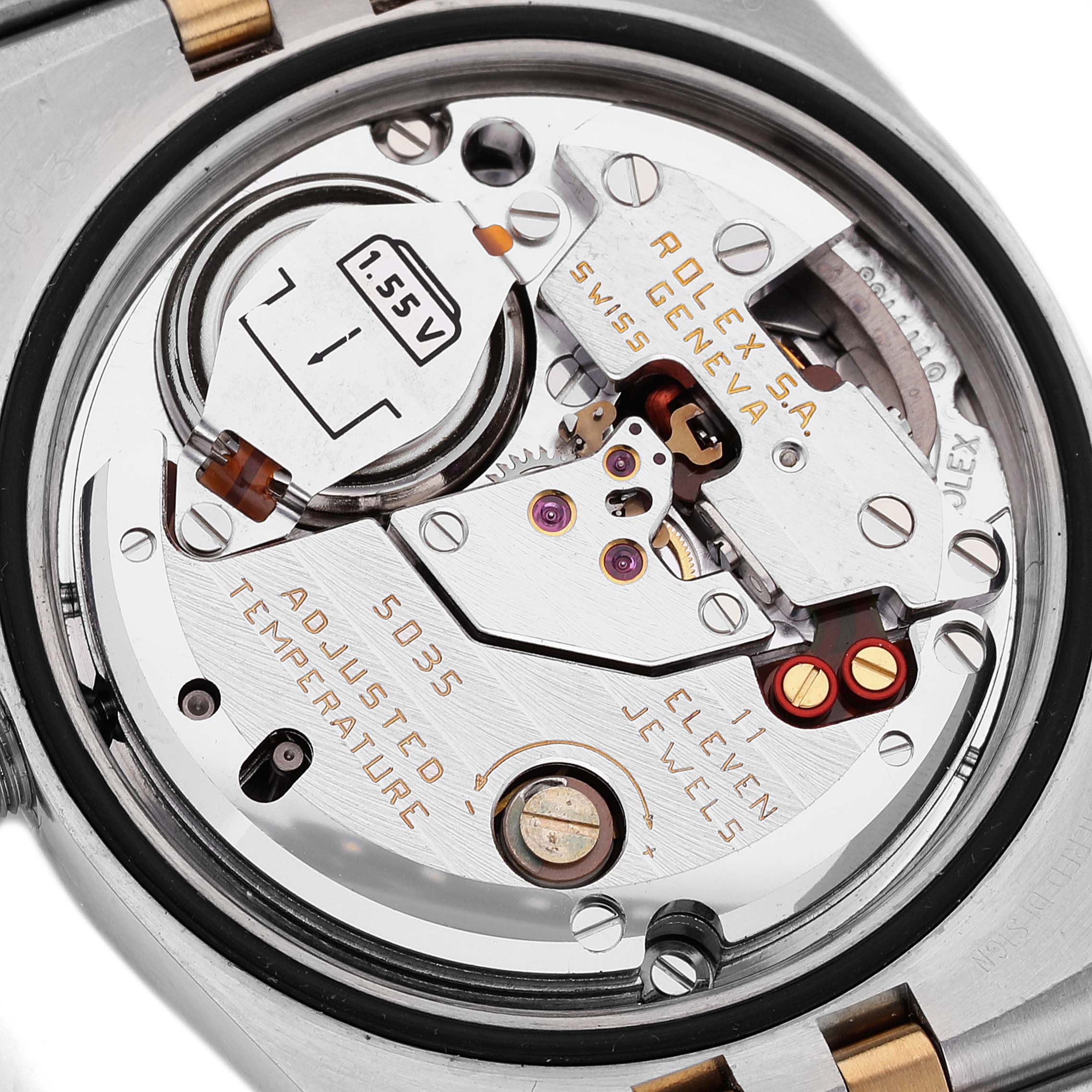 This image shows a detailed close-up of the inner mechanism of the Rolex Oysterquartz 17013 Men's Steel and Gold (two tone) Champagne Dial 17013 Men's Steel and Gold (two tone) Champagne Dial watch.