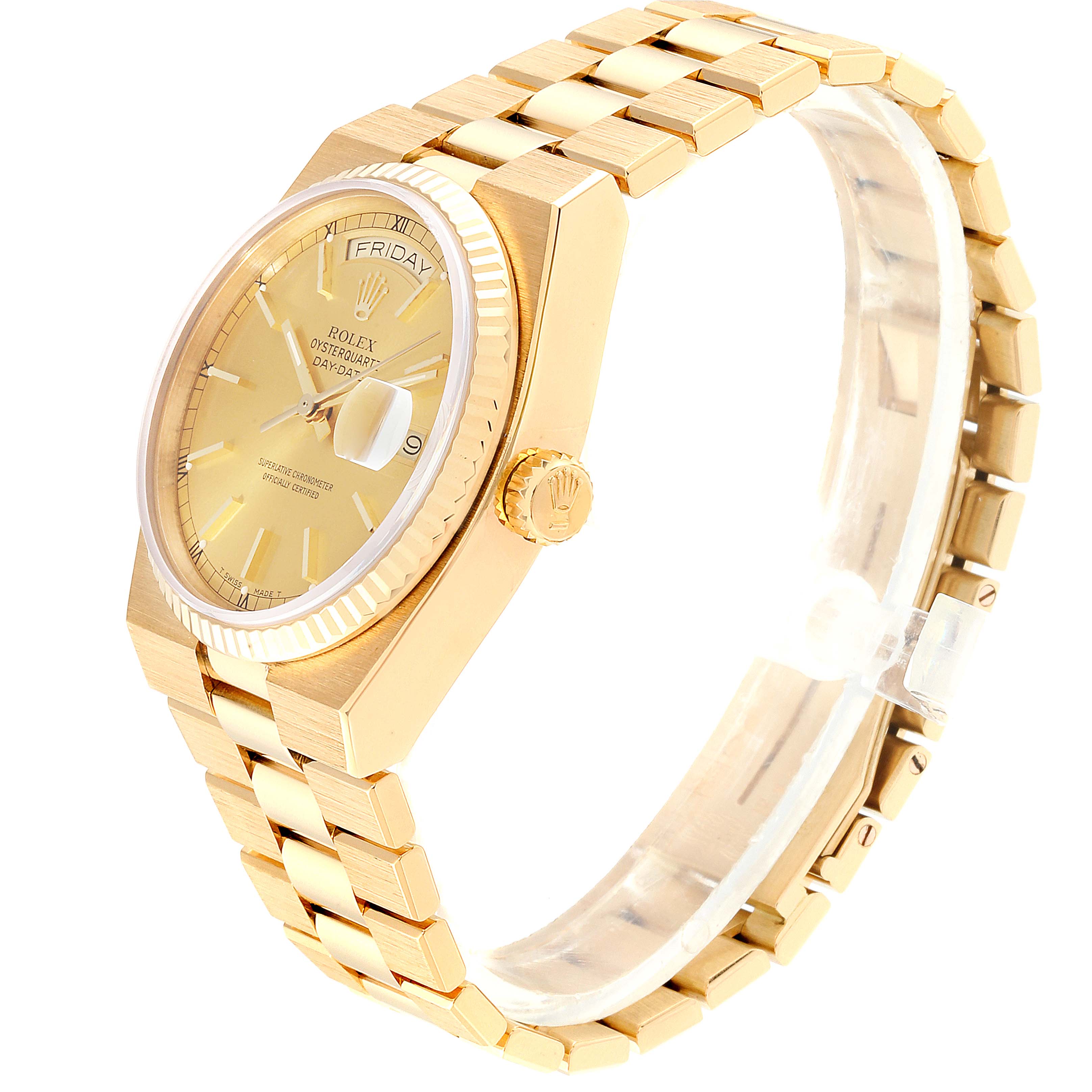 This image shows a side-angle view of the Rolex Oysterquartz 19018 Men
s Yellow Gold Champagne Dial 19018 Men
s Yellow Gold Champagne Dial watch, highlighting the bracelet, crown, and face.