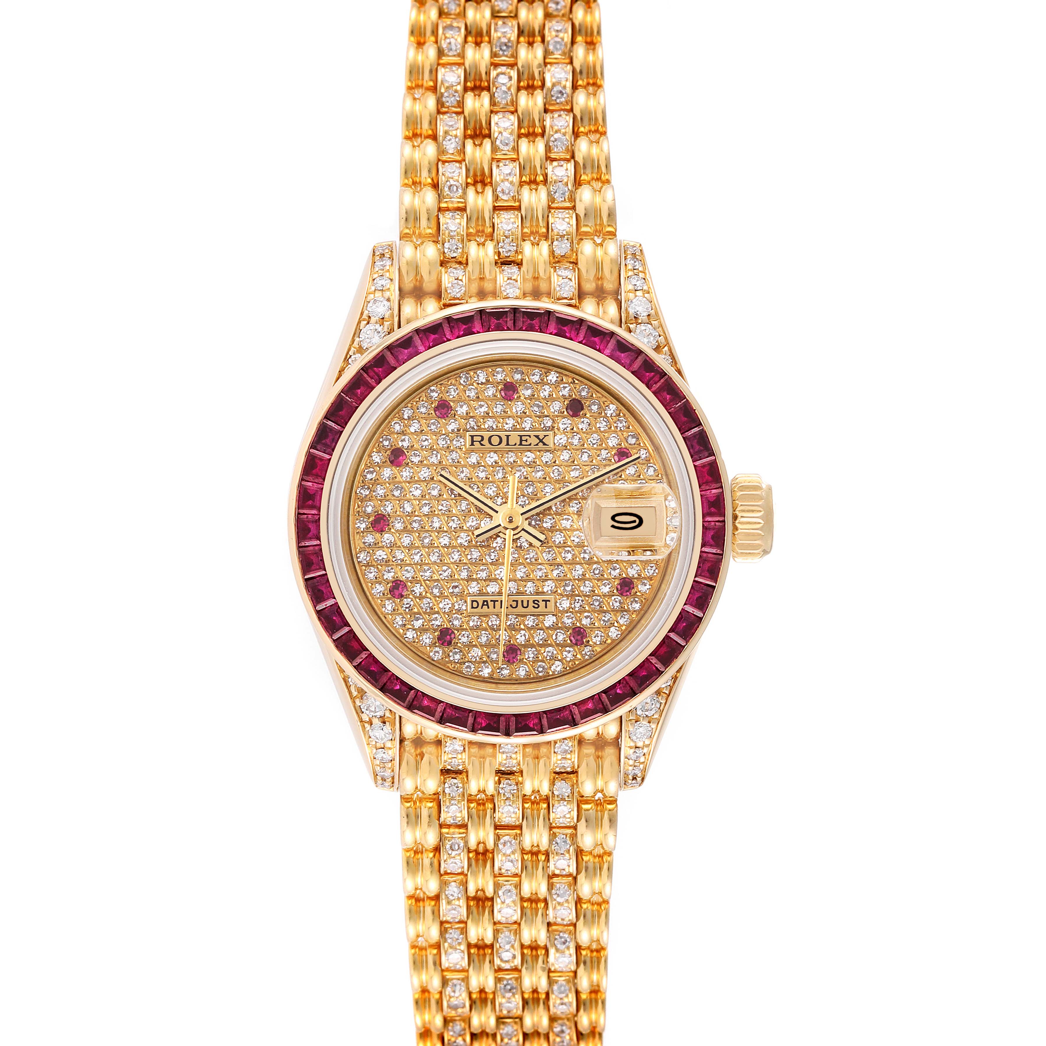 This image shows a frontal view of a Rolex President 69198 Women
s Yellow Gold  69198 Women
s Yellow Gold  model watch with a gold band and diamond and ruby detailing.
