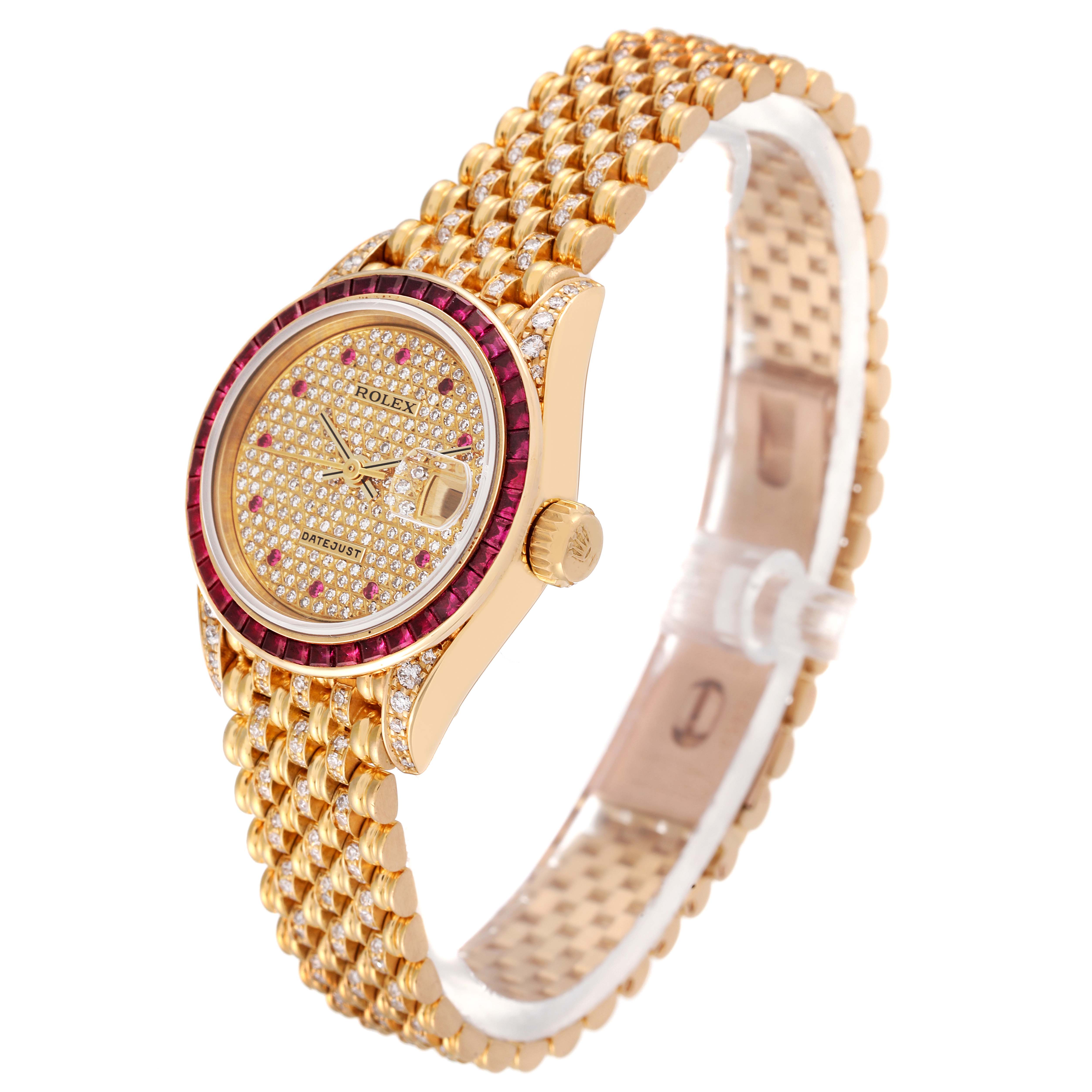 The image shows a side-angle view of a Rolex President 69198 Women
s Yellow Gold  69198 Women
s Yellow Gold  model watch, displaying the bezel, crown, dial, and bracelet.