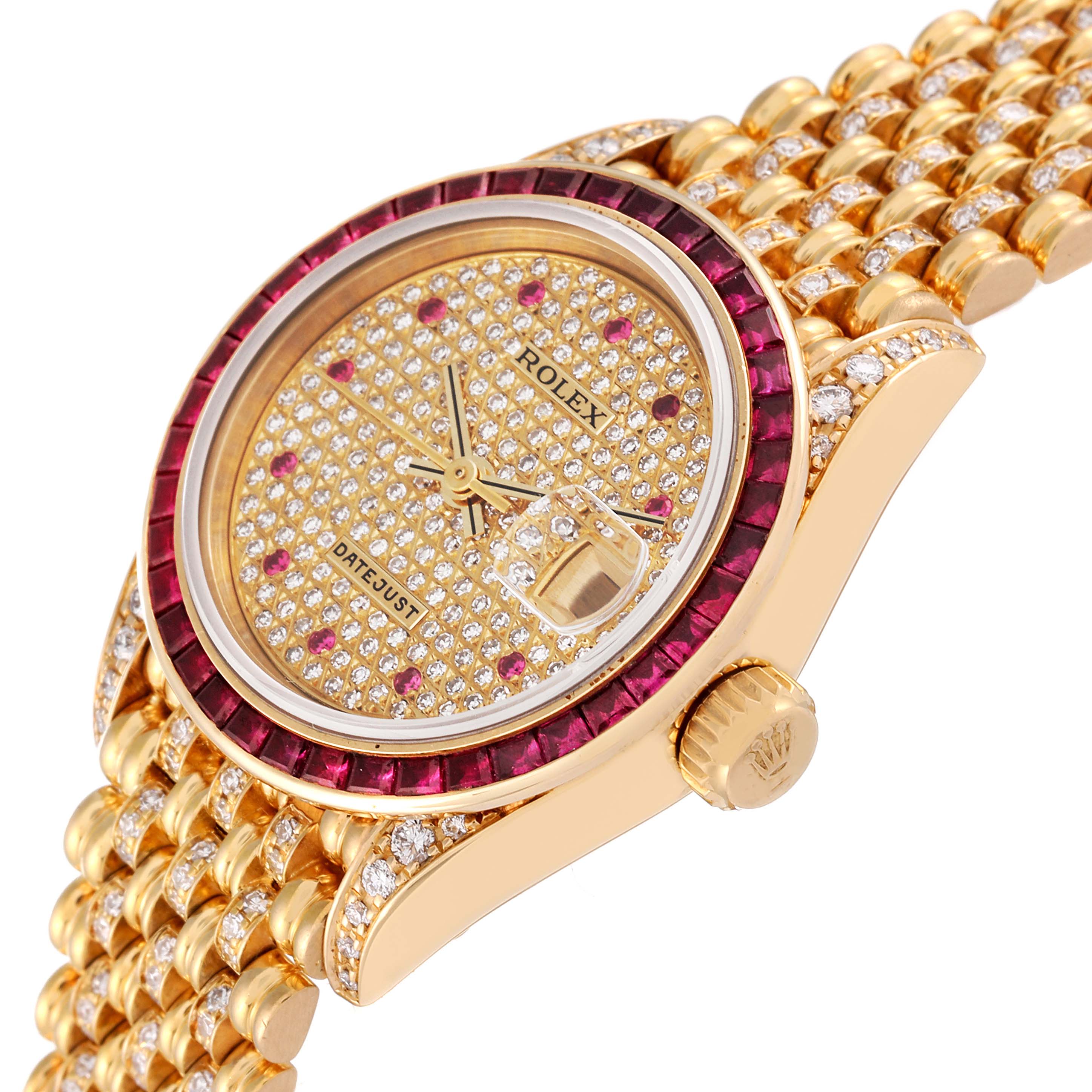The image shows a Rolex President 69198 Women
s Yellow Gold  69198 Women
s Yellow Gold  model watch from a slight side view, highlighting its gold bracelet, diamond-studded face, and ruby bezel.