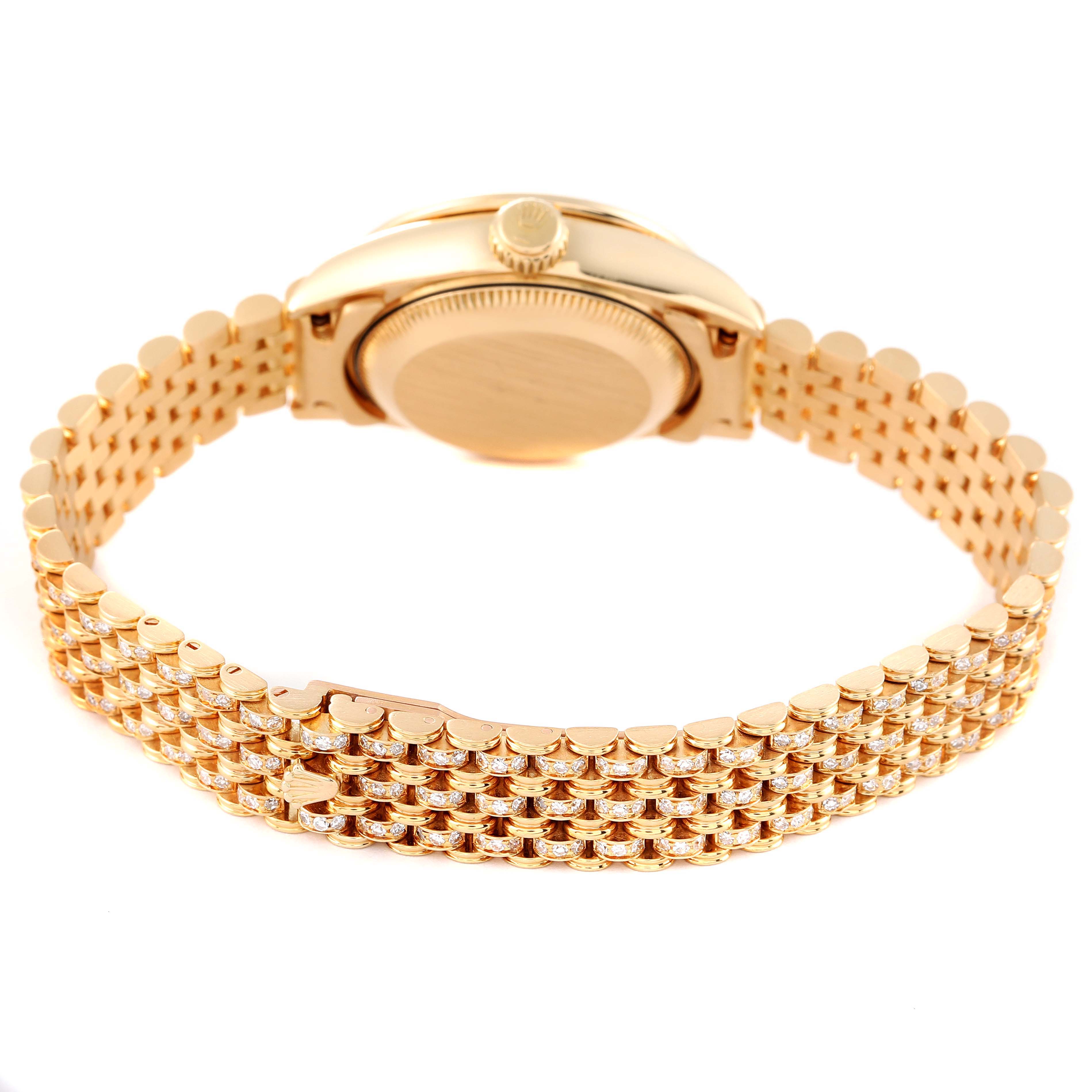 The image shows the back view of a Rolex President 69198 Women
s Yellow Gold  69198 Women
s Yellow Gold  model watch, highlighting its case back and bracelet.