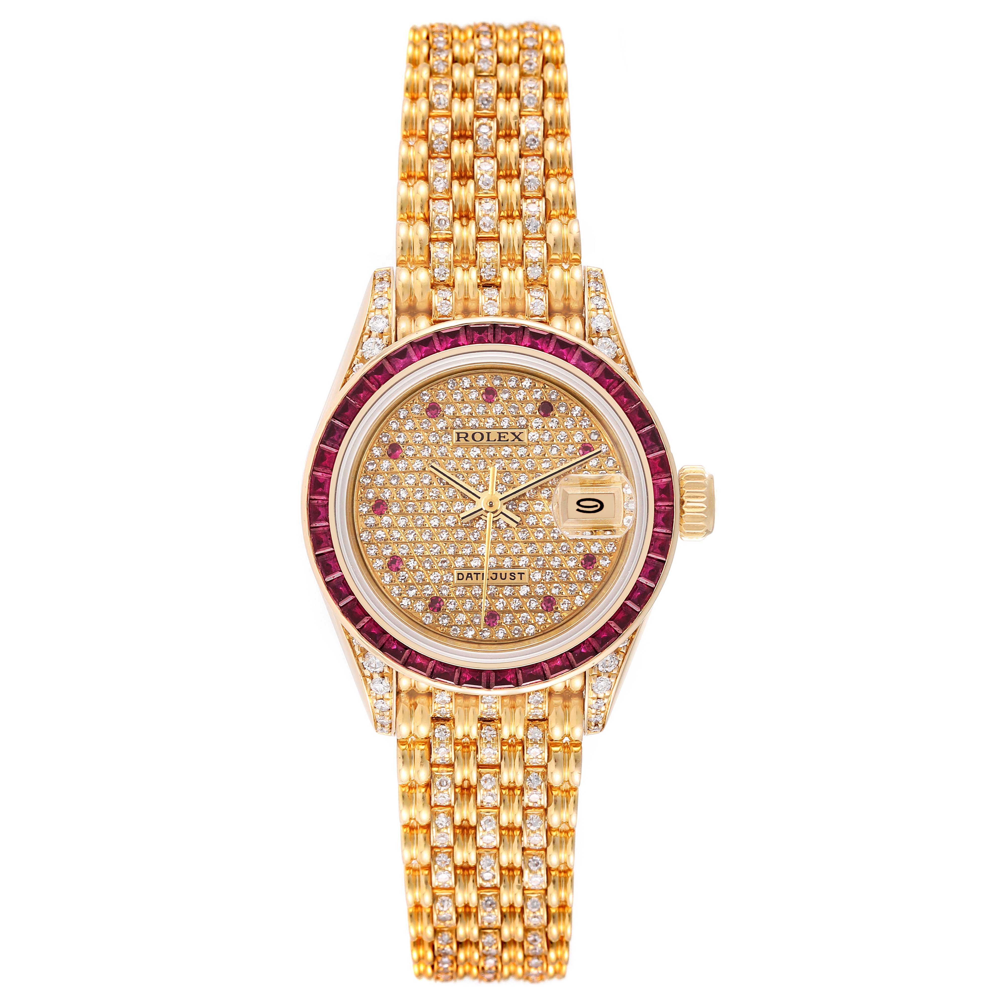 This image shows a Rolex President 69198 Women
s Yellow Gold  69198 Women
s Yellow Gold  model watch from a top-down angle, showcasing the bezel, dial, crown, and bracelet.