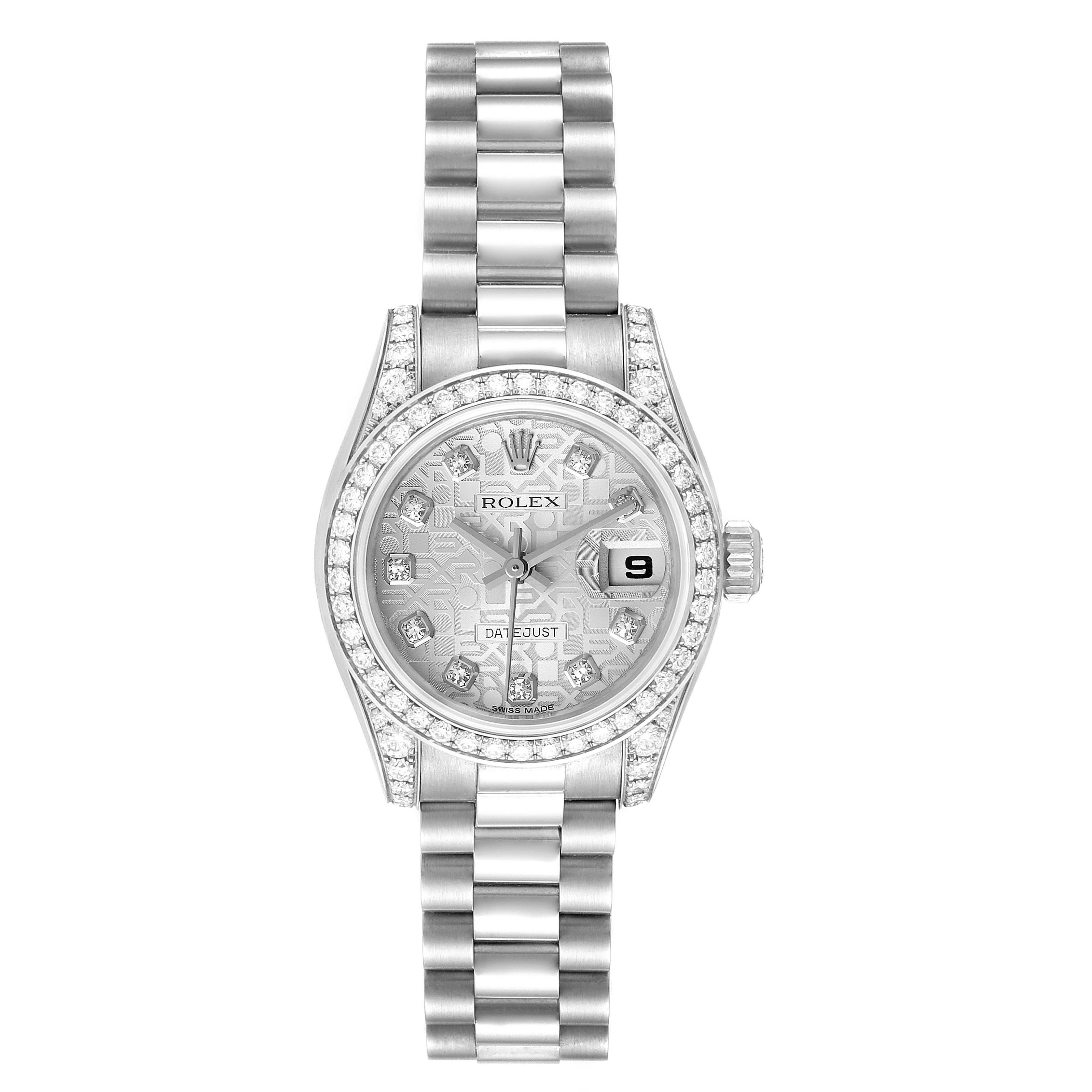 The image shows a top-down view of a Rolex President 179159 Women's White Gold Silver Dial 179159 Women's White Gold Silver Dial model, displaying the face, bezel, and bracelet.
