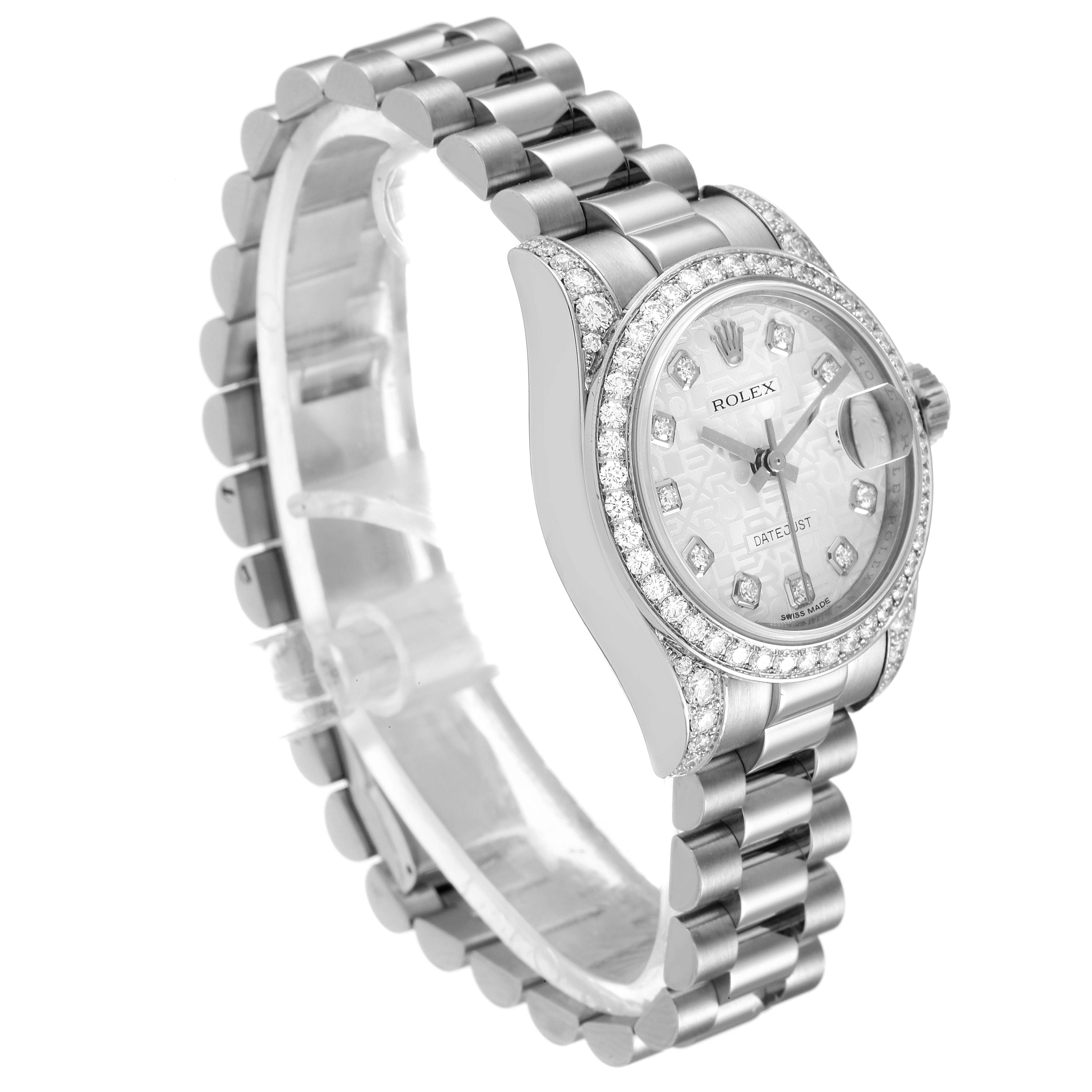 The image shows a side-angle view of a Rolex President 179159 Women's White Gold Silver Dial 179159 Women's White Gold Silver Dial watch, highlighting its bracelet, bezel, and dial.
