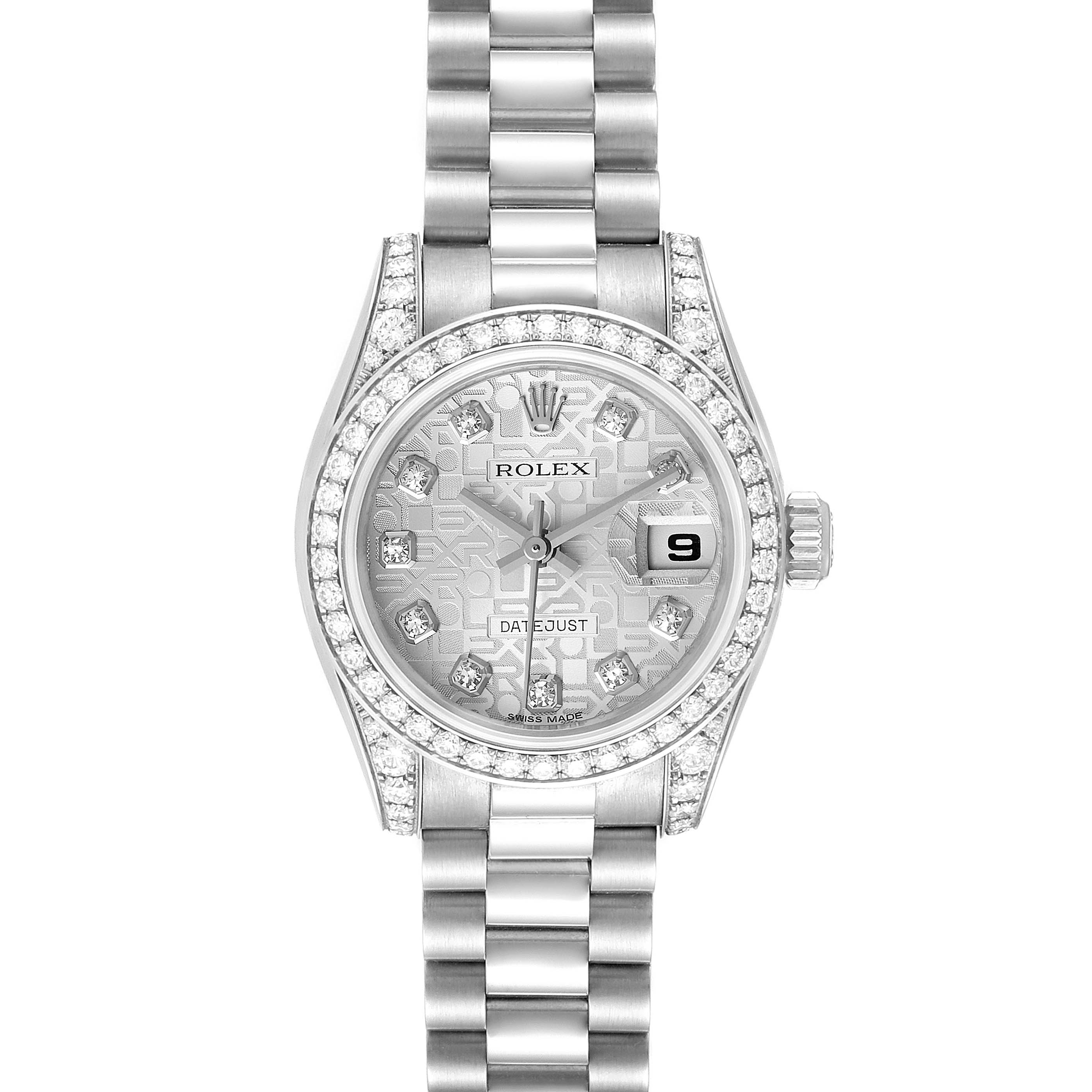 The image shows a front view of a Rolex President 179159 Women's White Gold Silver Dial 179159 Women's White Gold Silver Dial model watch, displaying the face, bezel, and part of the bracelet.