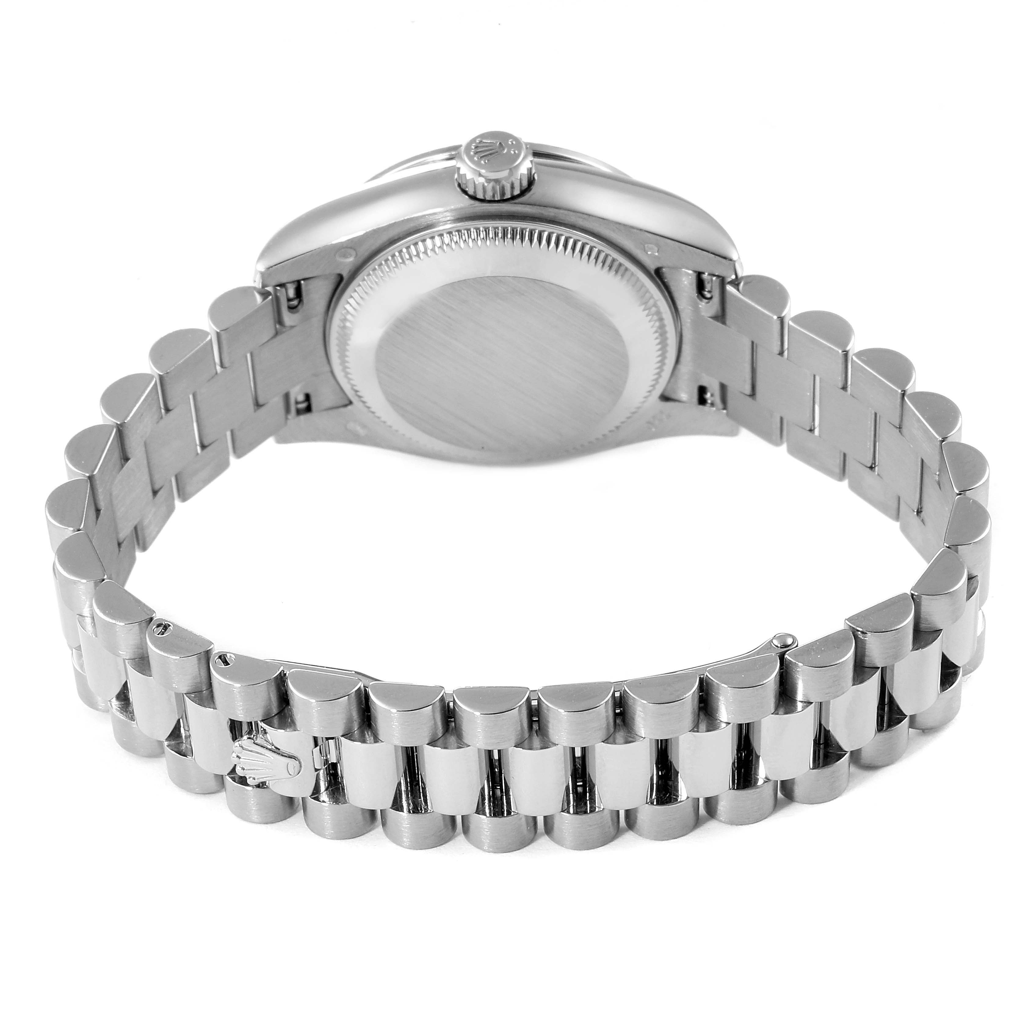 This image shows the back view of a Rolex President 179159 Women's White Gold Silver Dial 179159 Women's White Gold Silver Dial watch, highlighting the case back and bracelet.