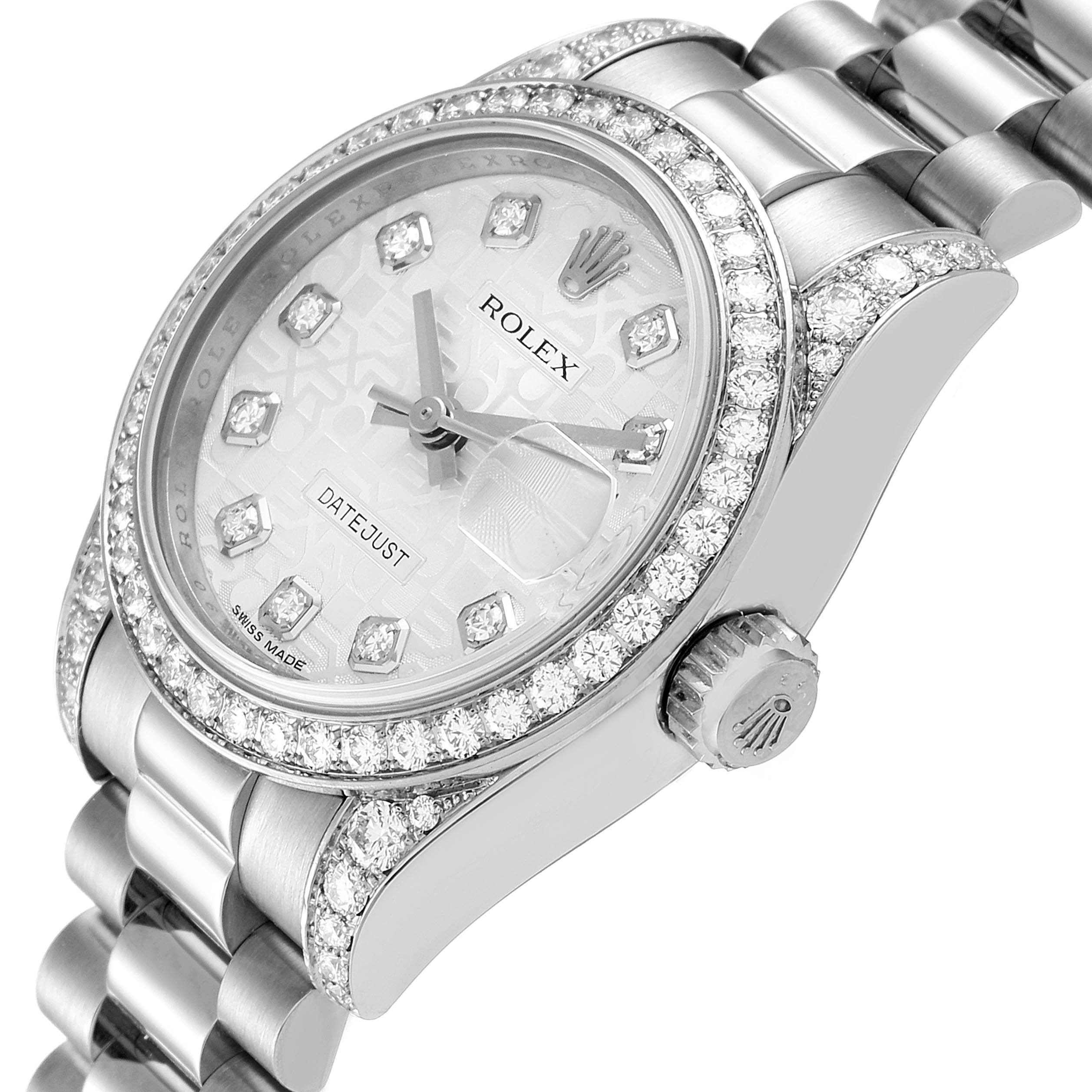 This image shows a side angle of a Rolex President 179159 Women's White Gold Silver Dial 179159 Women's White Gold Silver Dial model watch, highlighting its diamond-studded bezel, dial, crown, and part of the bracelet.