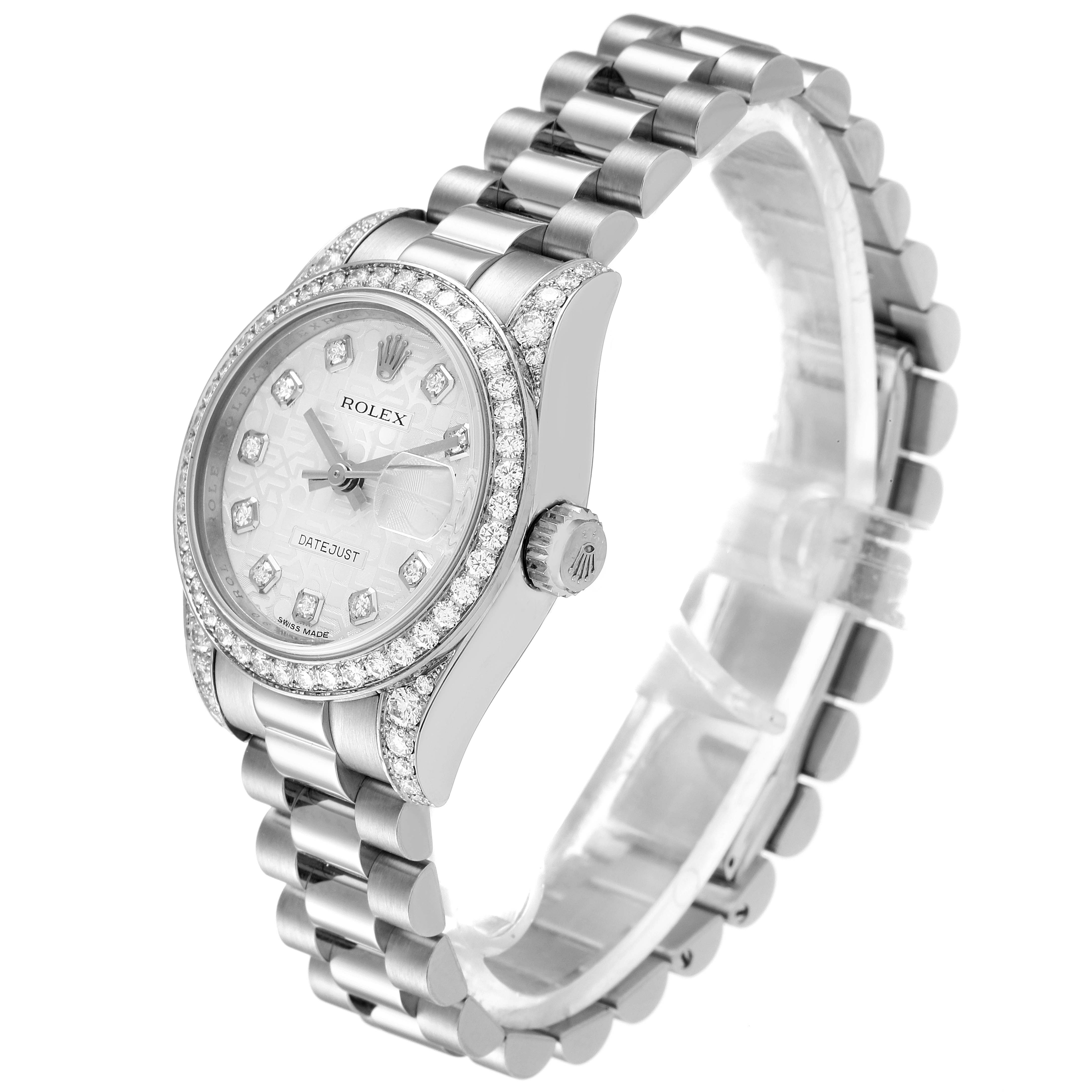 The Rolex President 179159 Women's White Gold Silver Dial 179159 Women's White Gold Silver Dial model watch is shown at an angled side view, highlighting its face, bezel, crown, and bracelet.