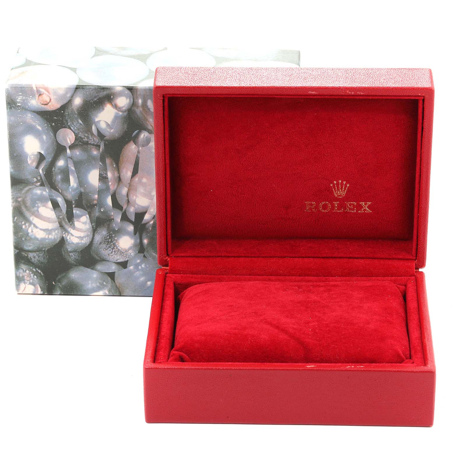 This image shows an open, red interior box and outer box for the Rolex President 69238 Women's Yellow Gold Champagne Dial 69238 Women's Yellow Gold Champagne Dial model watch.