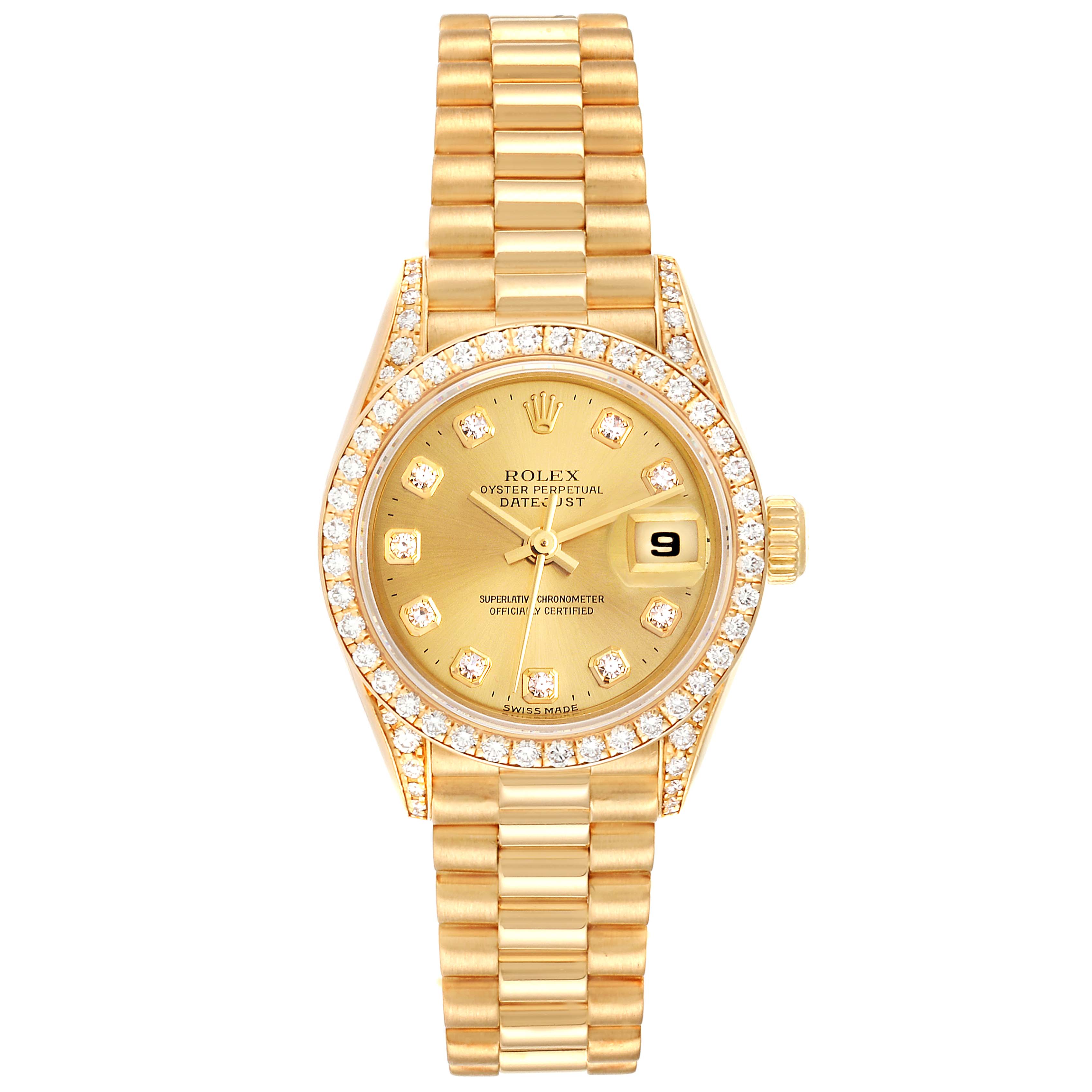 The image shows a frontal view of a Rolex President 69238 Women's Yellow Gold Champagne Dial 69238 Women's Yellow Gold Champagne Dial model watch, displaying the dial, bezel, date window, and bracelet.