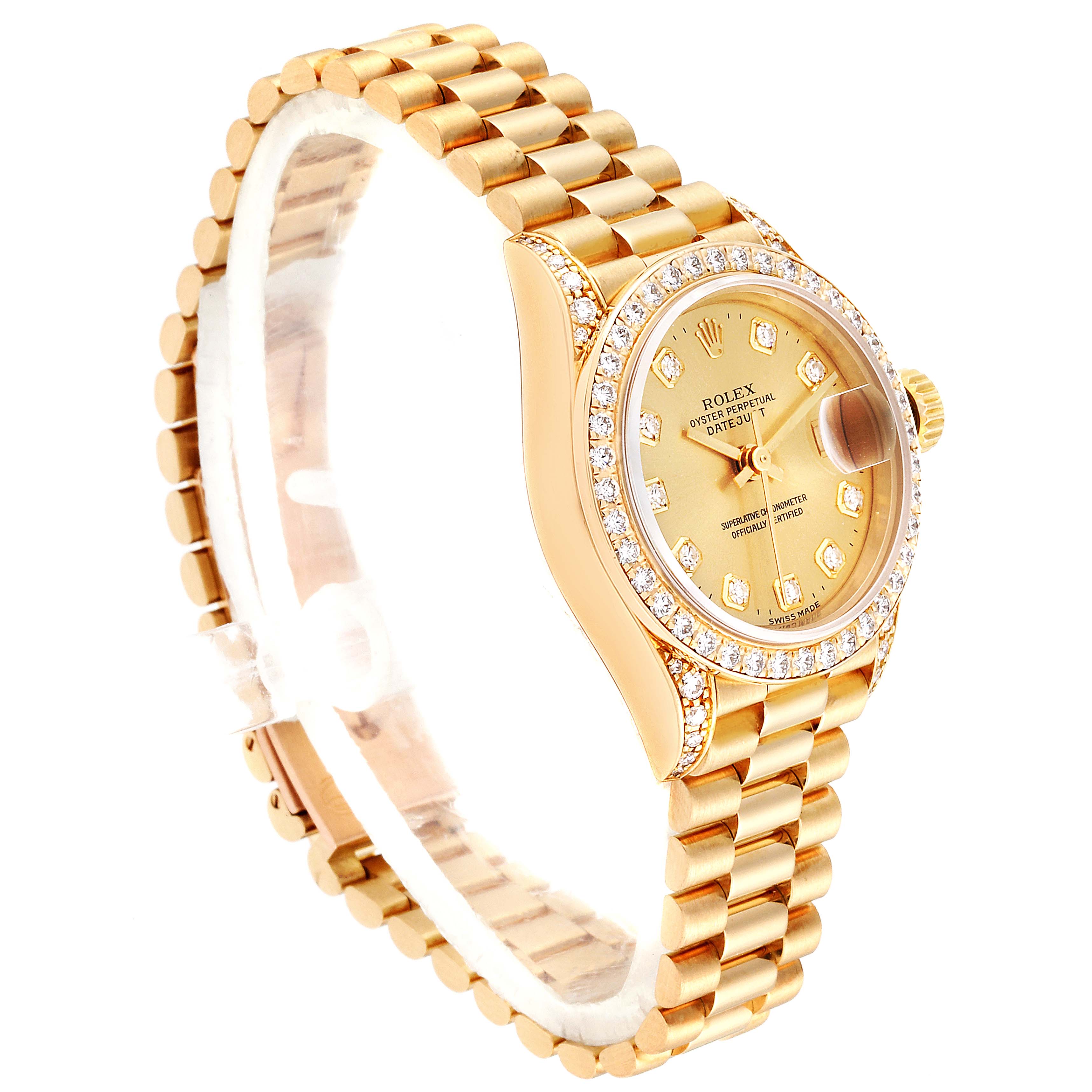 The image shows a Rolex President 69238 Women's Yellow Gold Champagne Dial 69238 Women's Yellow Gold Champagne Dial model watch from an angled top view, highlighting the gold body, diamond bezel, and bracelet.