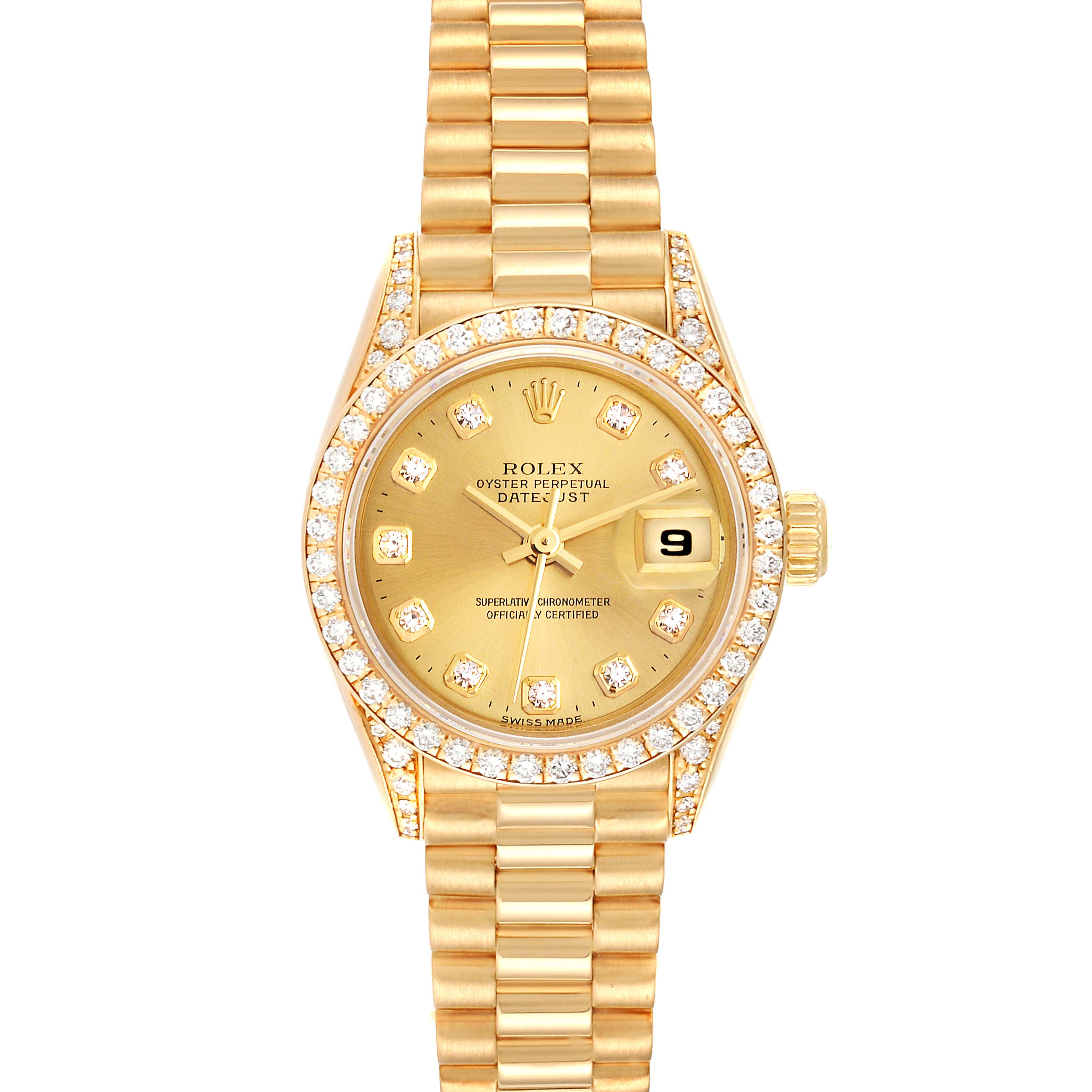 The image shows a front view of a Rolex President 69238 Women's Yellow Gold Champagne Dial 69238 Women's Yellow Gold Champagne Dial model watch with a gold bracelet and a diamond-encrusted bezel and dial.