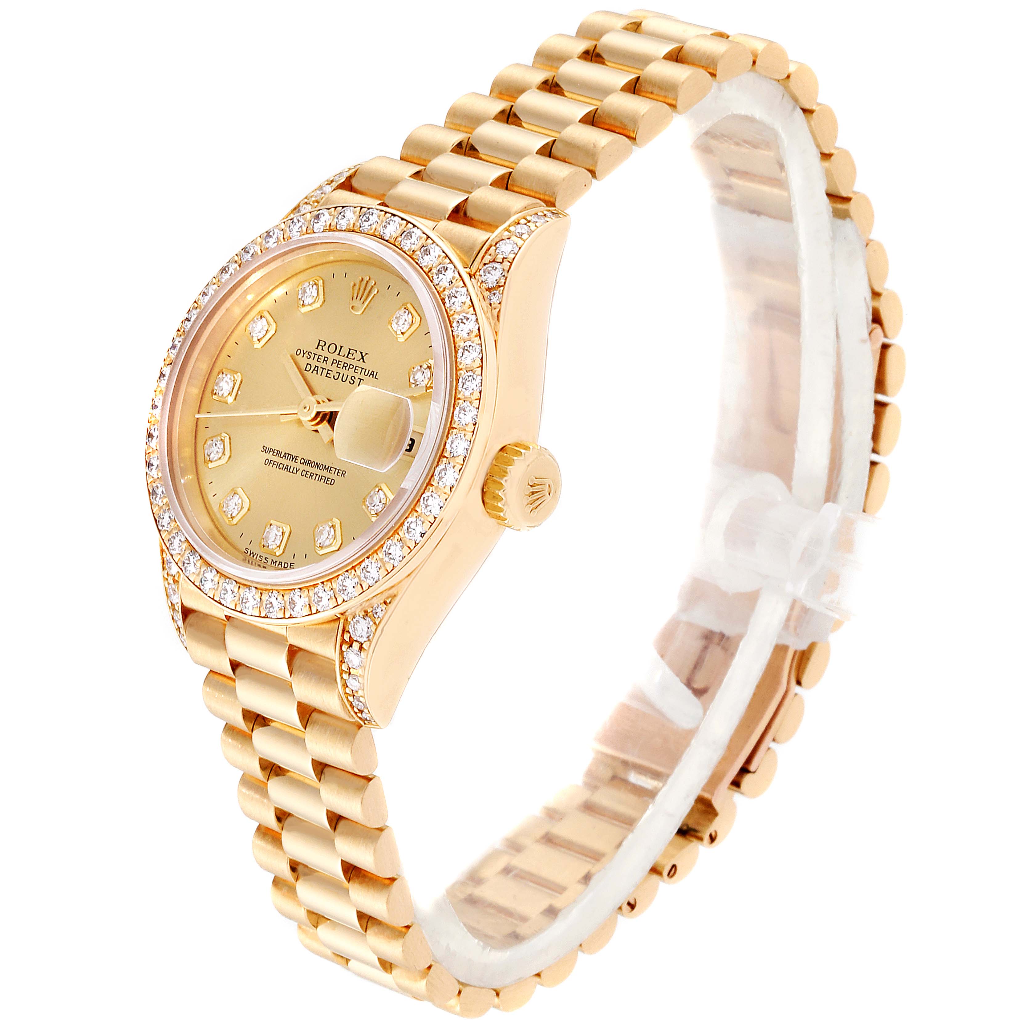 The Rolex President 69238 Women's Yellow Gold Champagne Dial 69238 Women's Yellow Gold Champagne Dial model watch is shown at a three-quarter angle, highlighting its gold case, diamond bezel, bracelet, and dial.