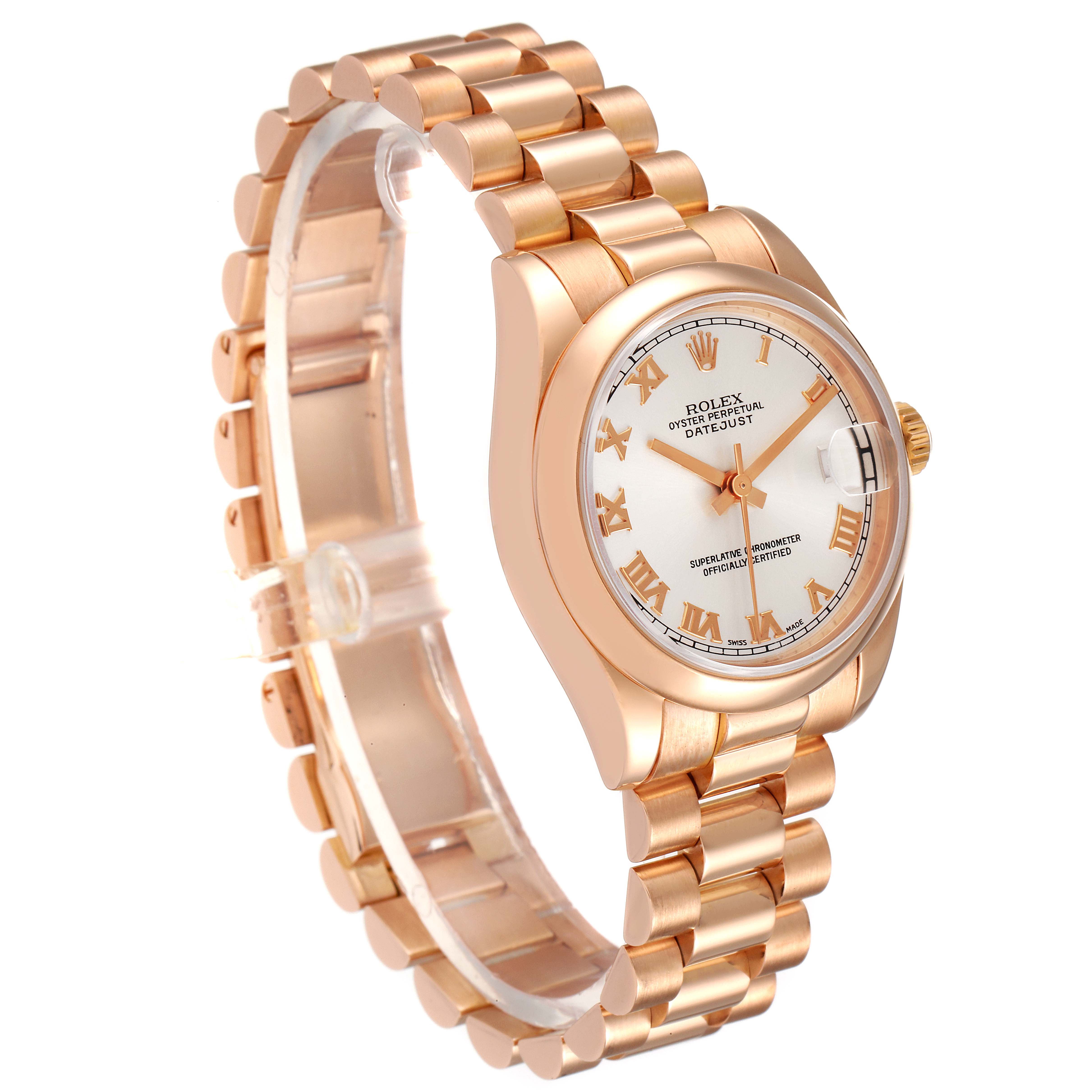 The Rolex President 178245 Women's Rose Gold Silver Dial 178245 Women's Rose Gold Silver Dial model watch is shown at an angle emphasizing its bracelet, dial, and case.