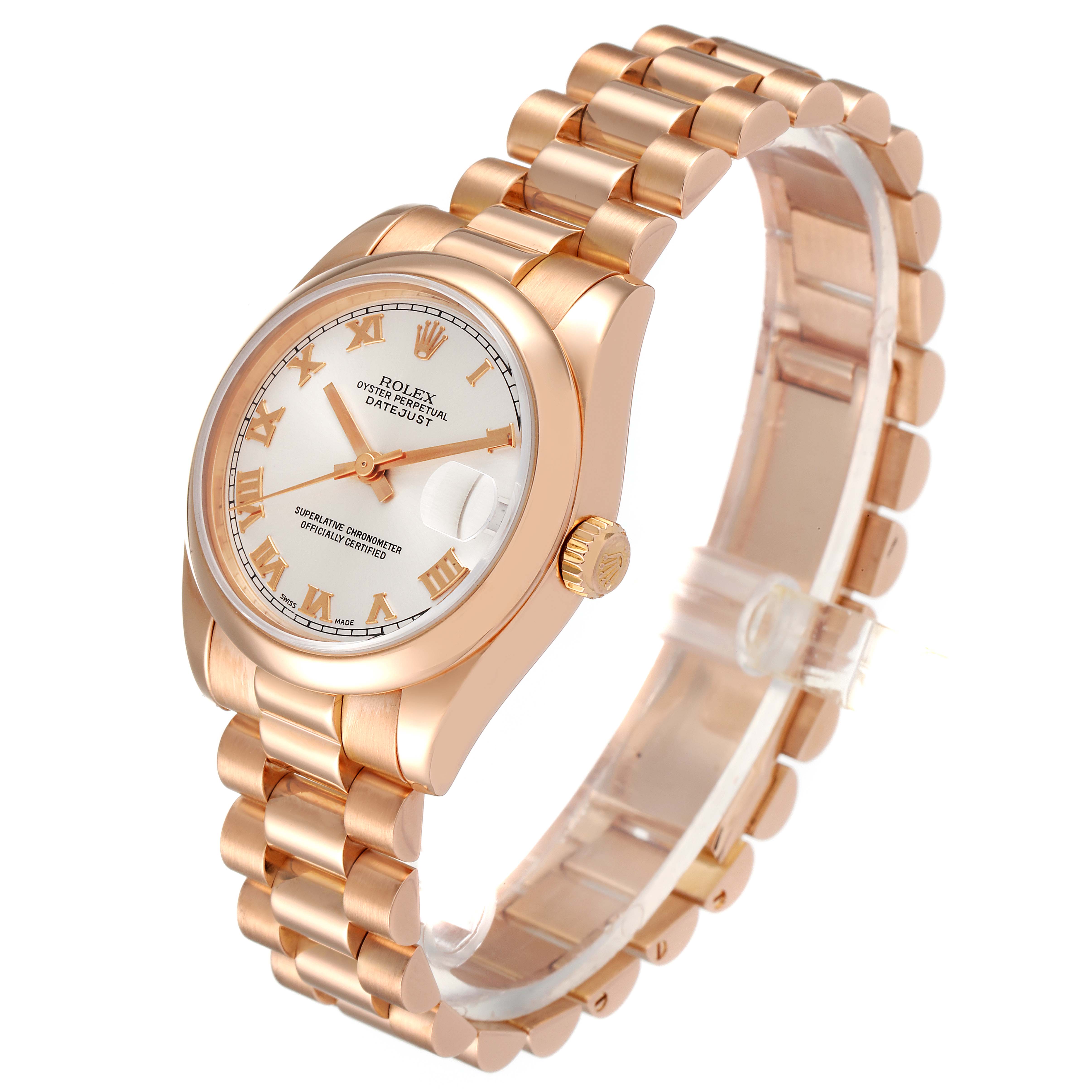 The image shows the Rolex President 178245 Women's Rose Gold Silver Dial 178245 Women's Rose Gold Silver Dial model watch from a side angle, highlighting the watch face, bracelet, and crown.
