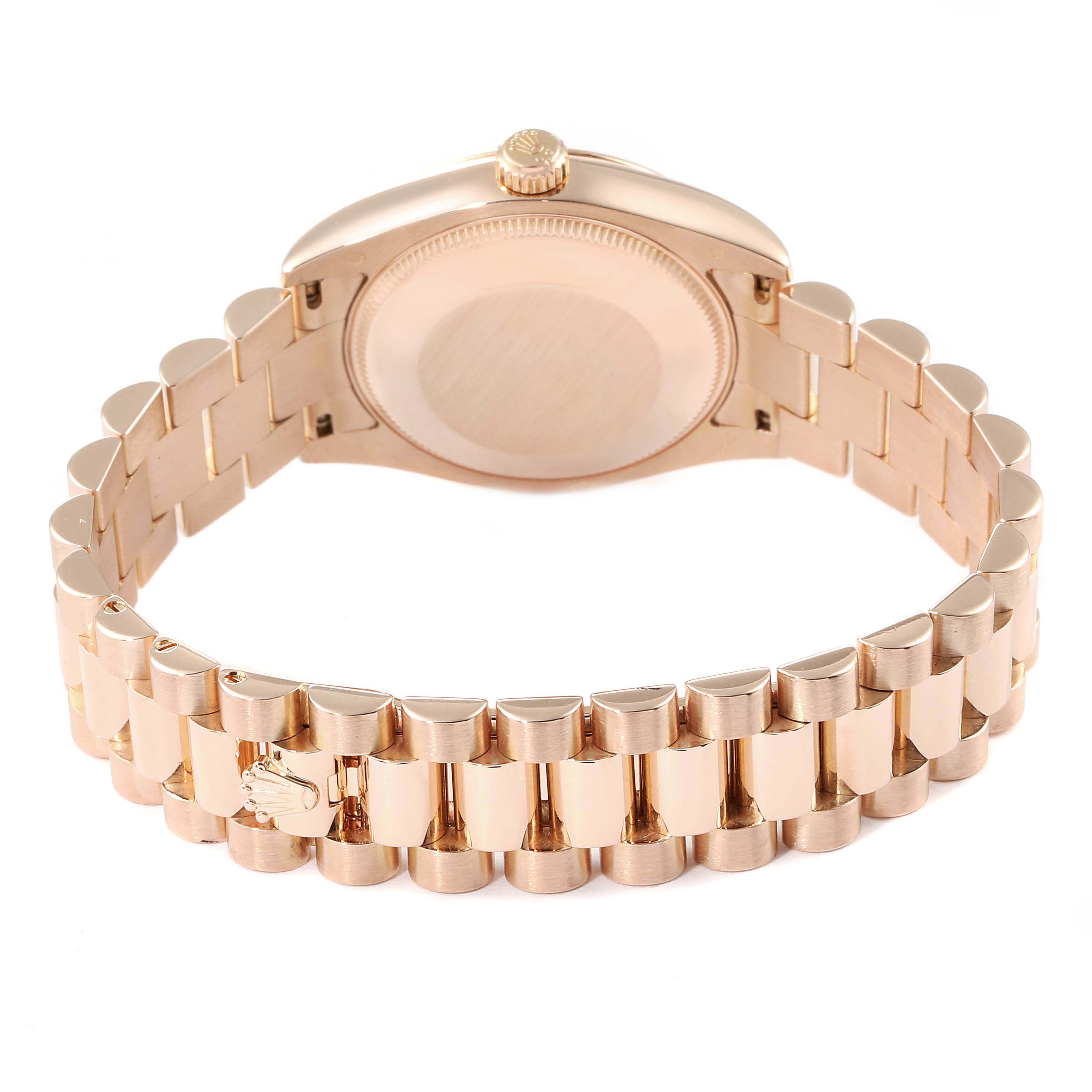 The image shows the backside of a Rolex President 178245 Women's Rose Gold Silver Dial 178245 Women's Rose Gold Silver Dial model watch, highlighting the bracelet and case back.