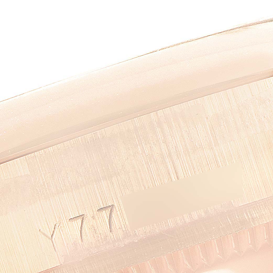 The image shows a close-up of the serial number engraving on the side of a Rolex President 178245 Women's Rose Gold Silver Dial 178245 Women's Rose Gold Silver Dial model watch.