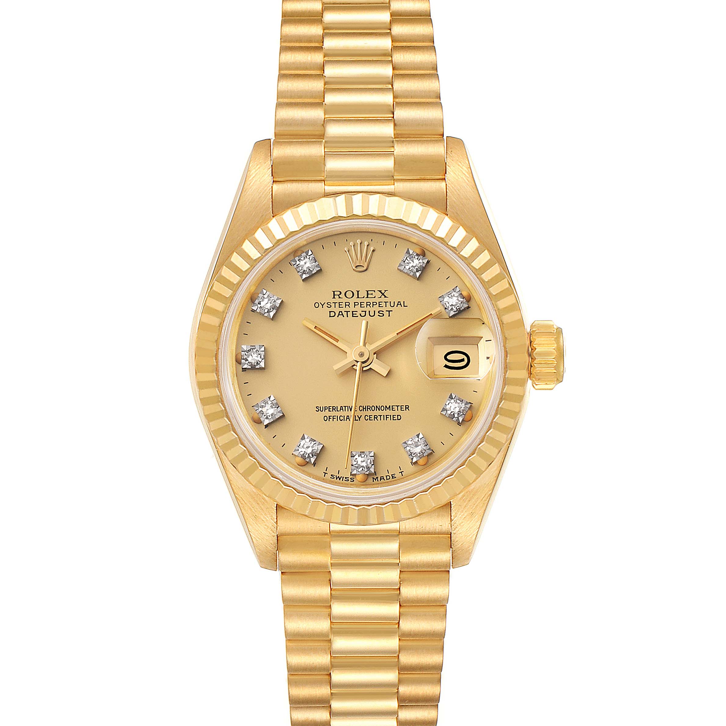 This image shows a Rolex President 69178 Women's Yellow Gold Champagne Dial 69178 Women's Yellow Gold Champagne Dial model watch from a front angle, displaying the face, dial, bezel, and bracelet.