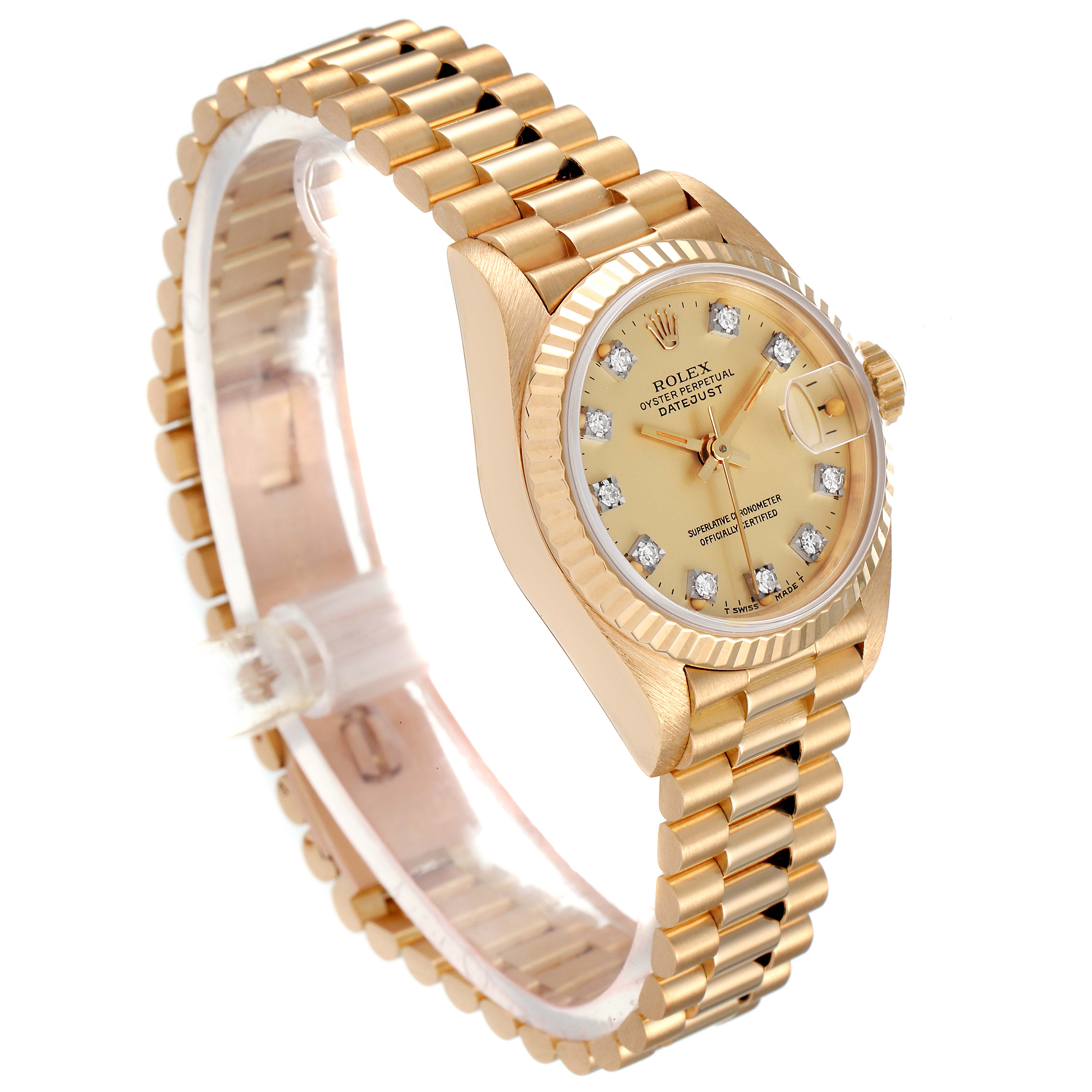 This image shows a side and top angle of a Rolex President 69178 Women's Yellow Gold Champagne Dial 69178 Women's Yellow Gold Champagne Dial model watch, highlighting its gold bracelet, dial, and diamond hour markers.