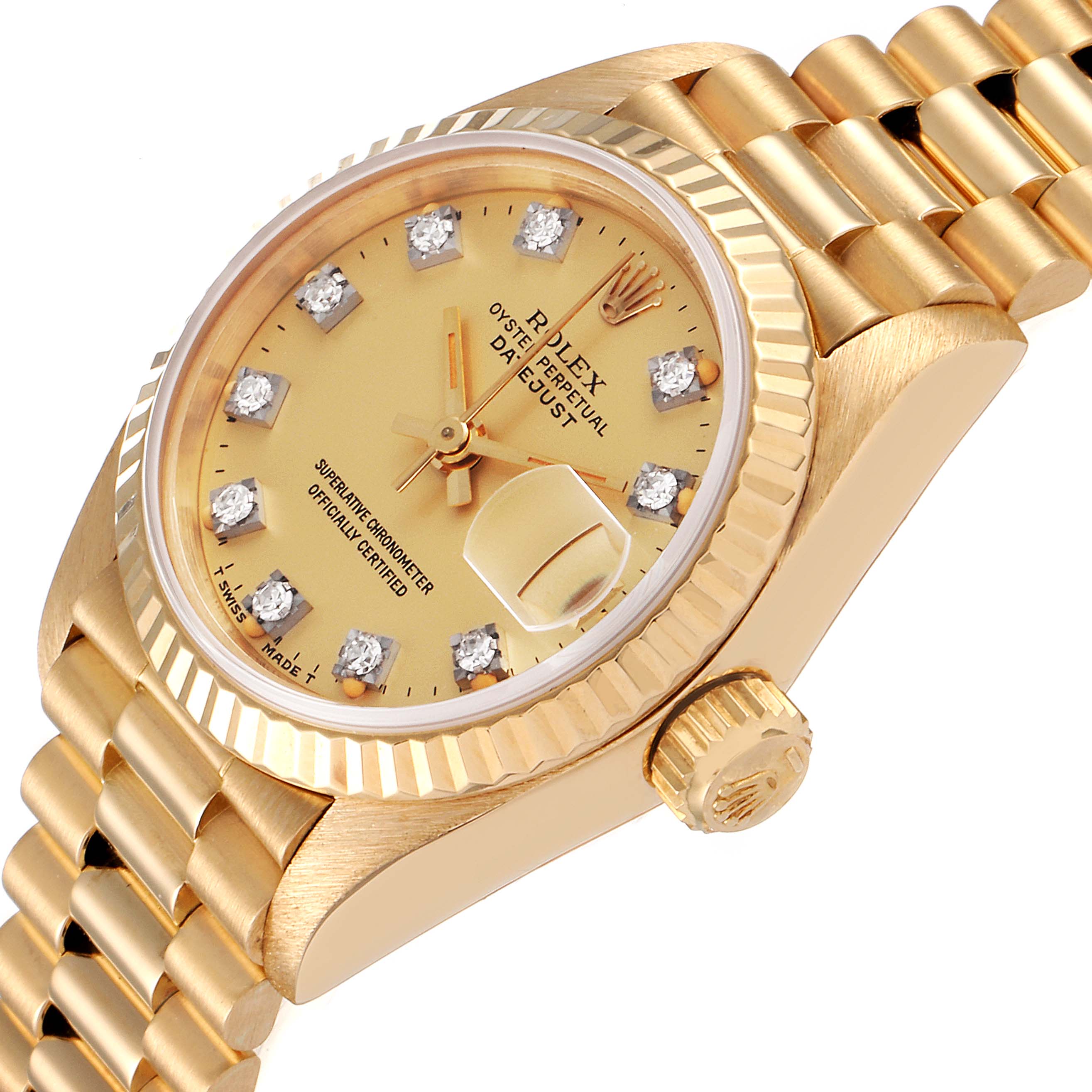 The image shows a close-up of a Rolex President 69178 Women's Yellow Gold Champagne Dial 69178 Women's Yellow Gold Champagne Dial model watch, highlighting the gold dial, diamond markers, fluted bezel, crown, and bracelet.