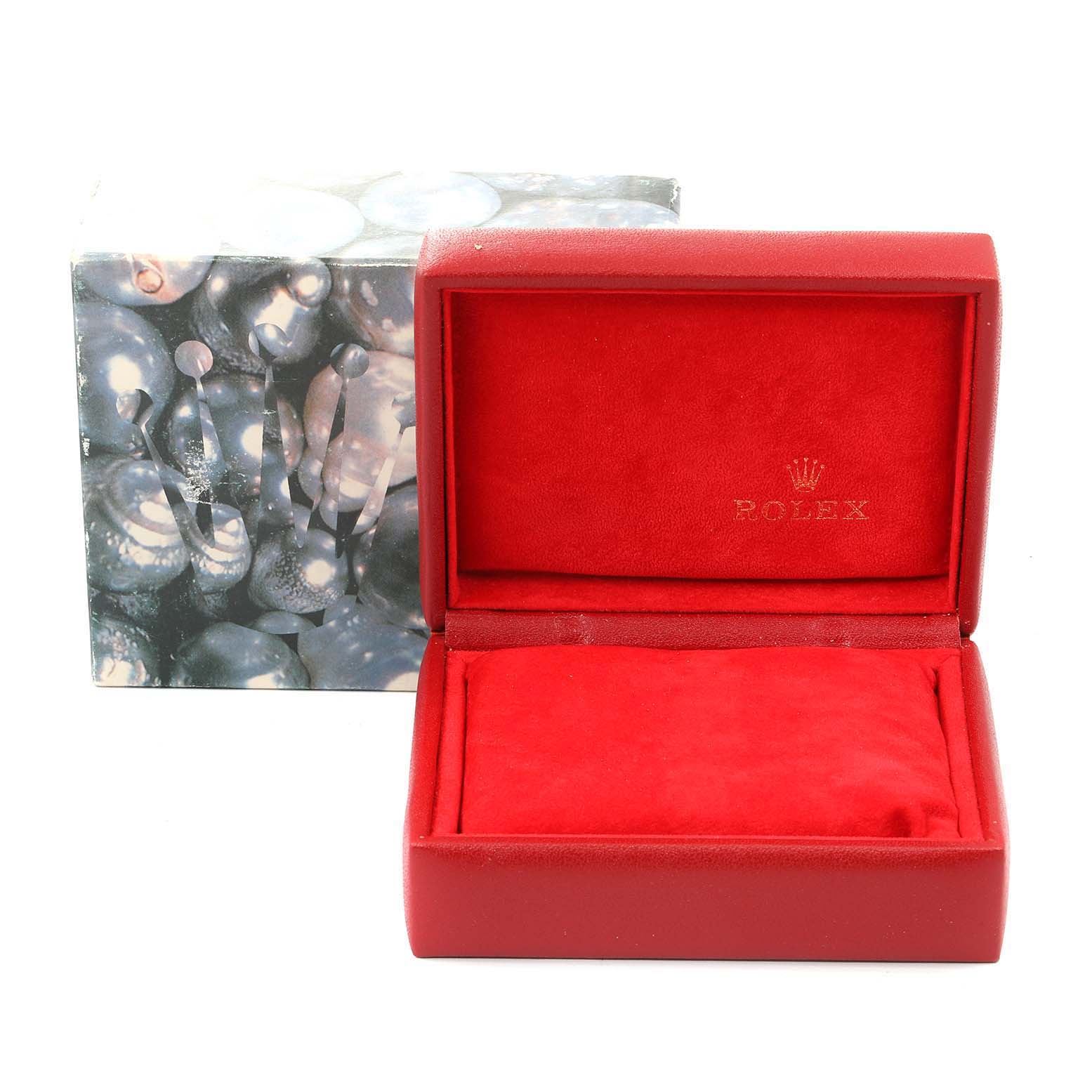 The image shows a Rolex President 69178 Women's Yellow Gold Champagne Dial 69178 Women's Yellow Gold Champagne Dial model watch box, open, with a red interior and a closed outer decorative box.