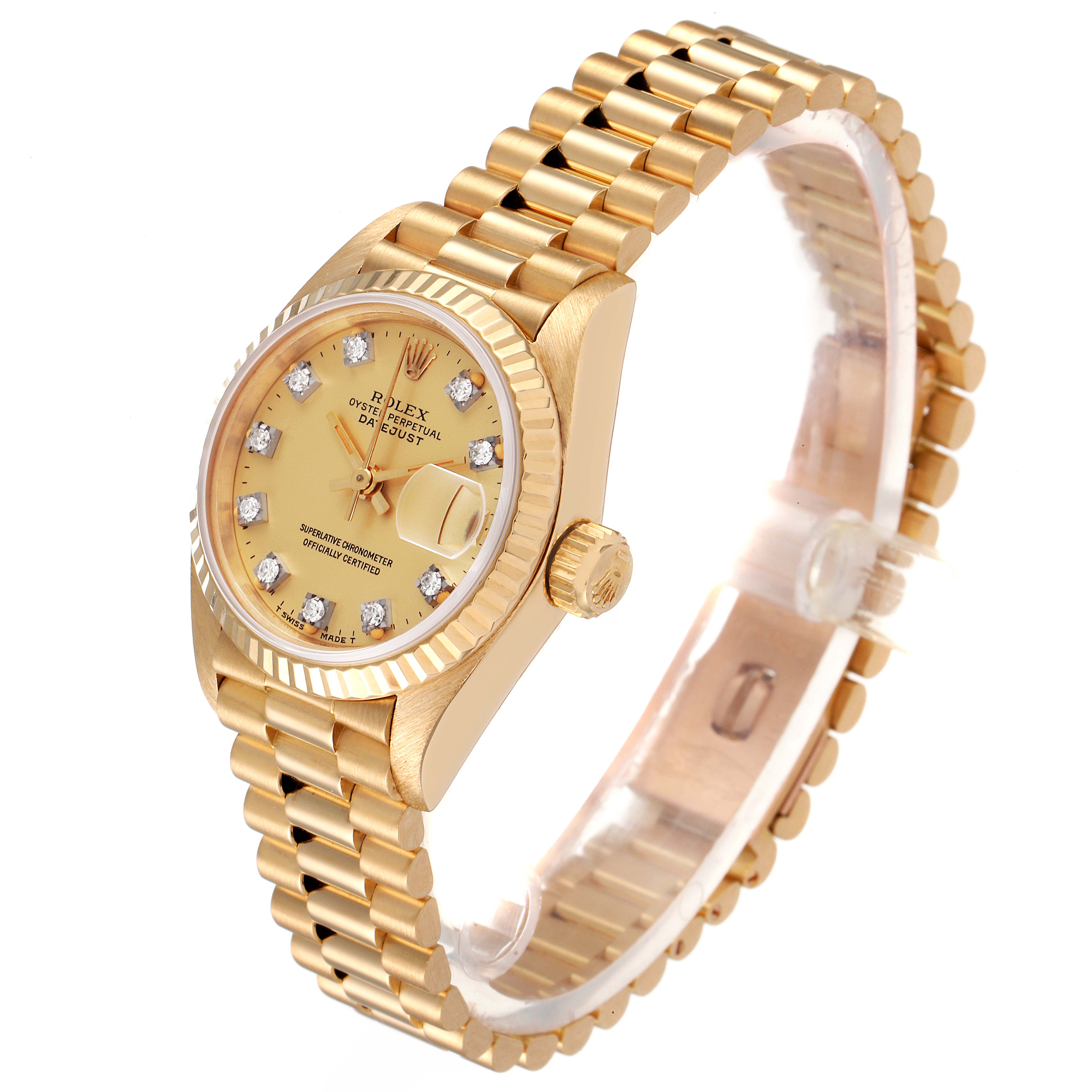 This Rolex President 69178 Women's Yellow Gold Champagne Dial 69178 Women's Yellow Gold Champagne Dial model watch is shown at an angle highlighting its gold bracelet, fluted bezel, and diamond hour markers.