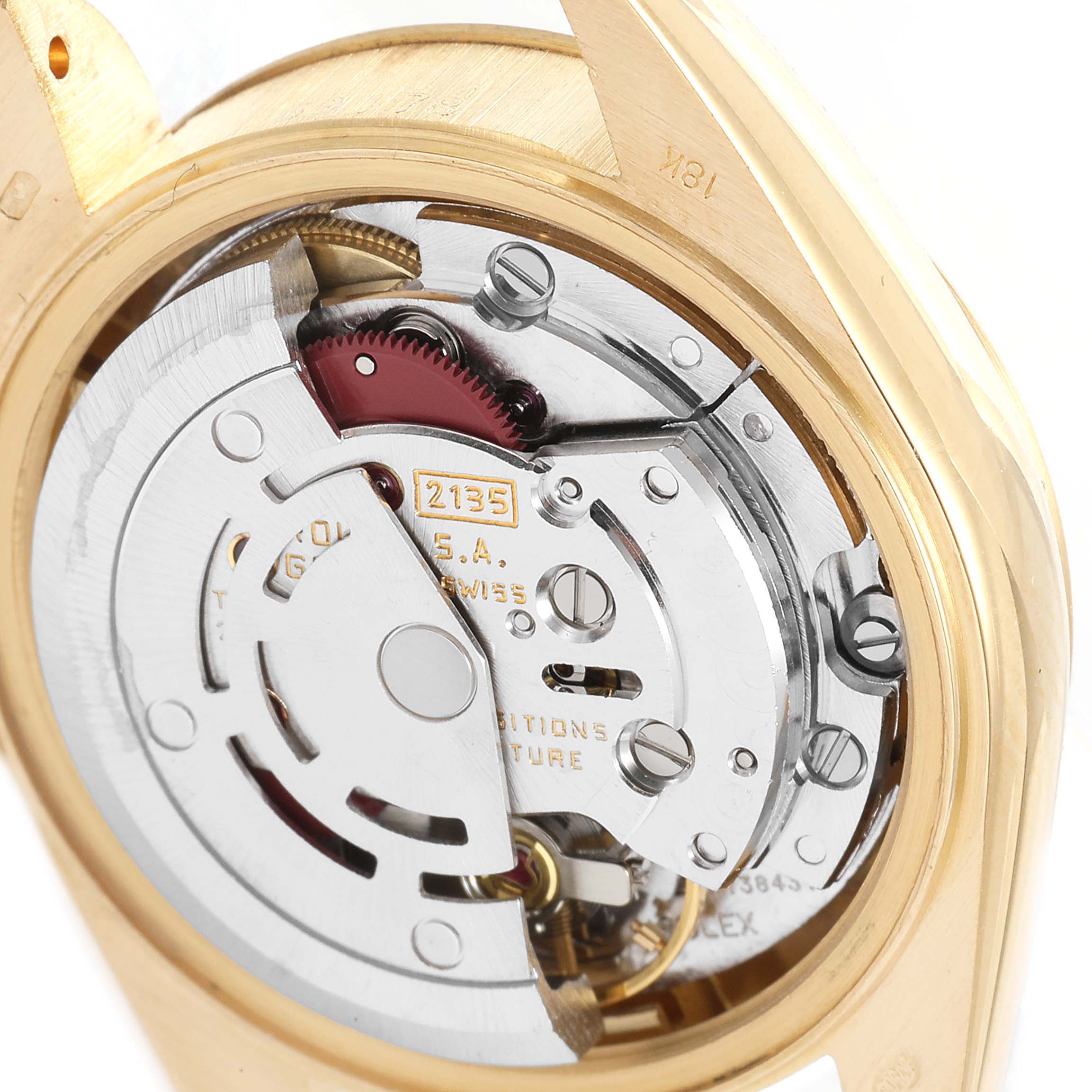 This image shows a close-up of the movement and internal mechanism of a Rolex President 69178 Women's Yellow Gold Champagne Dial 69178 Women's Yellow Gold Champagne Dial model watch.