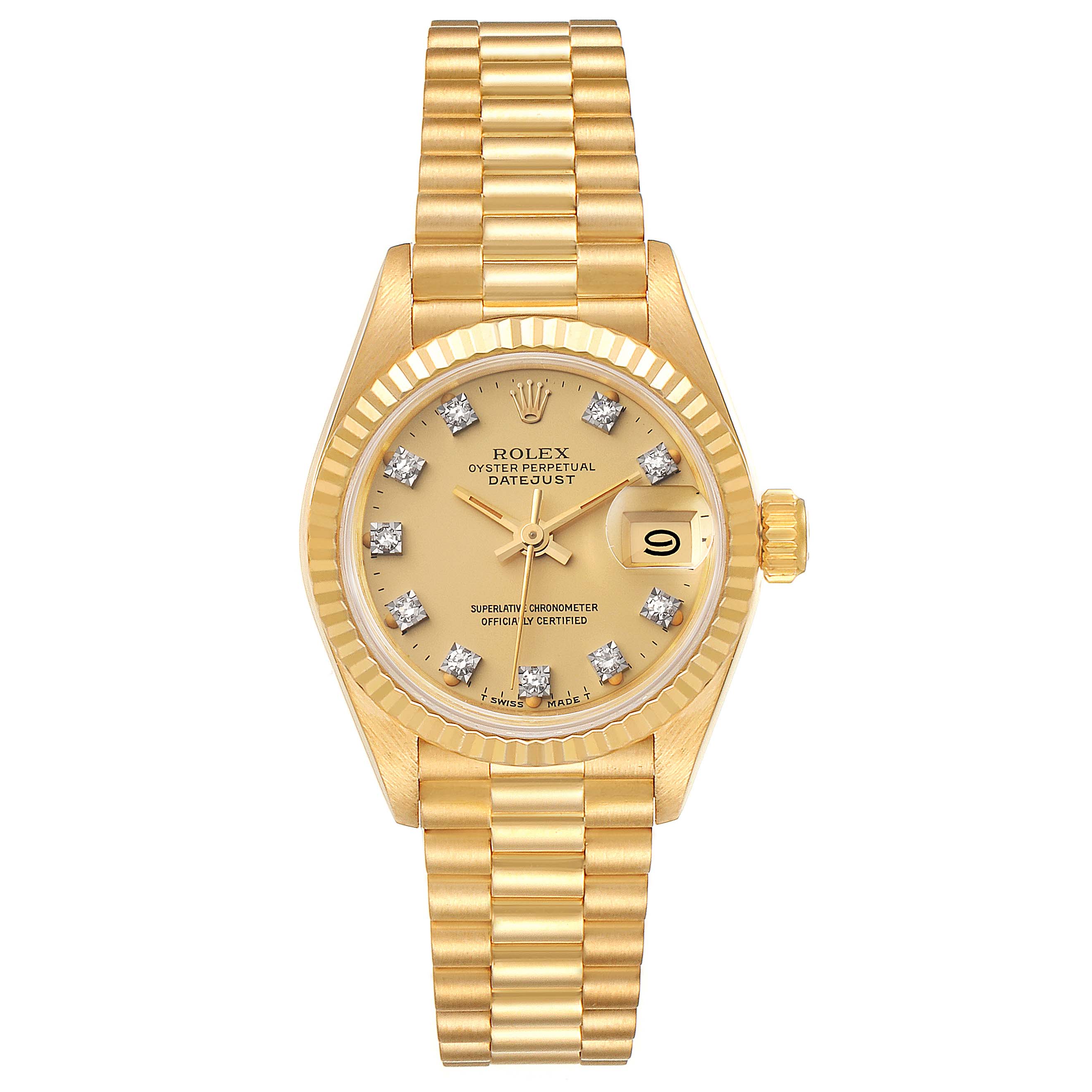 This image shows a gold Rolex President 69178 Women's Yellow Gold Champagne Dial 69178 Women's Yellow Gold Champagne Dial Datejust watch, featuring its face, bracelet, and date display at an overhead angle.
