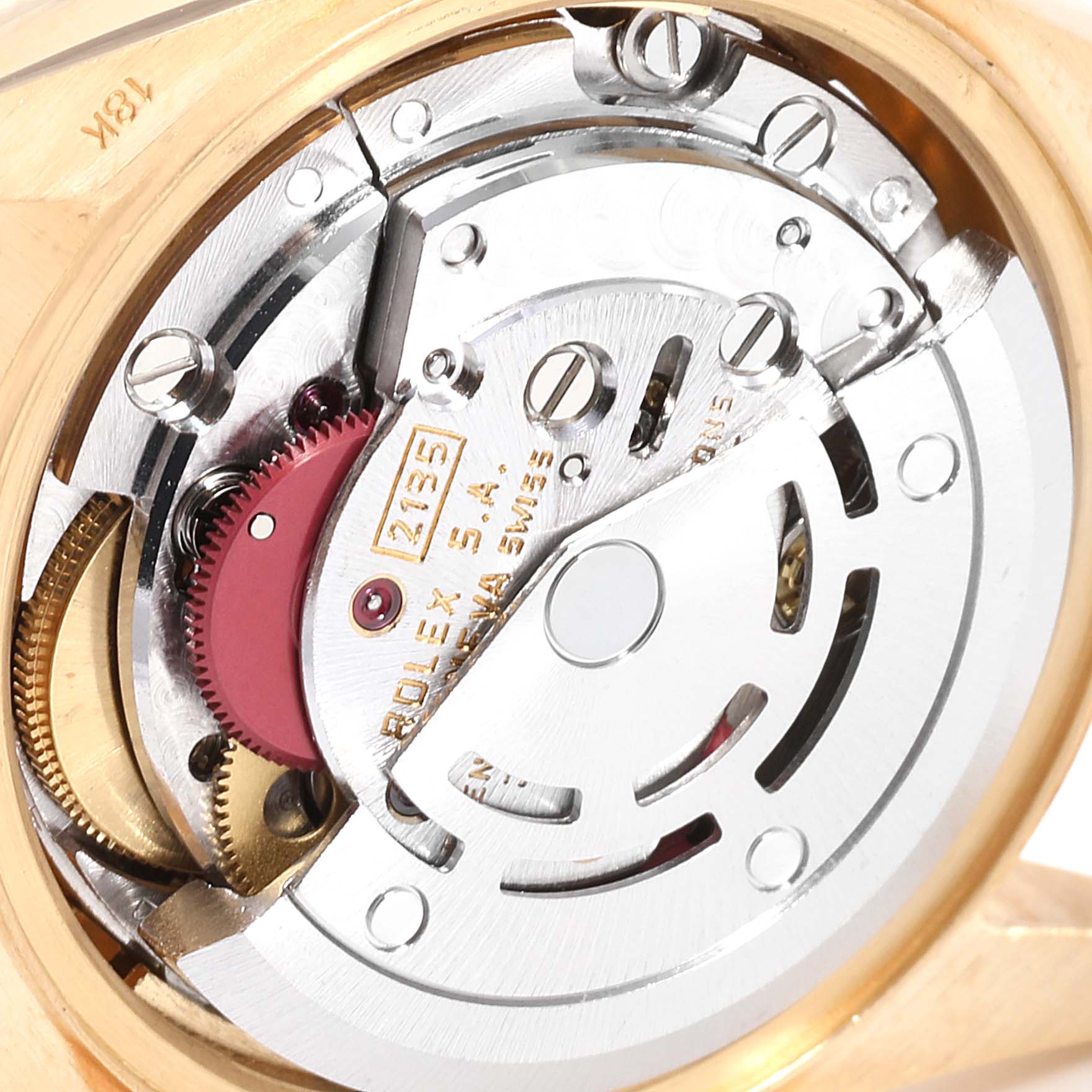 This image shows the inner mechanical movement of a Rolex President 69178 Women's Yellow Gold Silver Dial 69178 Women's Yellow Gold Silver Dial model watch from a close-up angle.