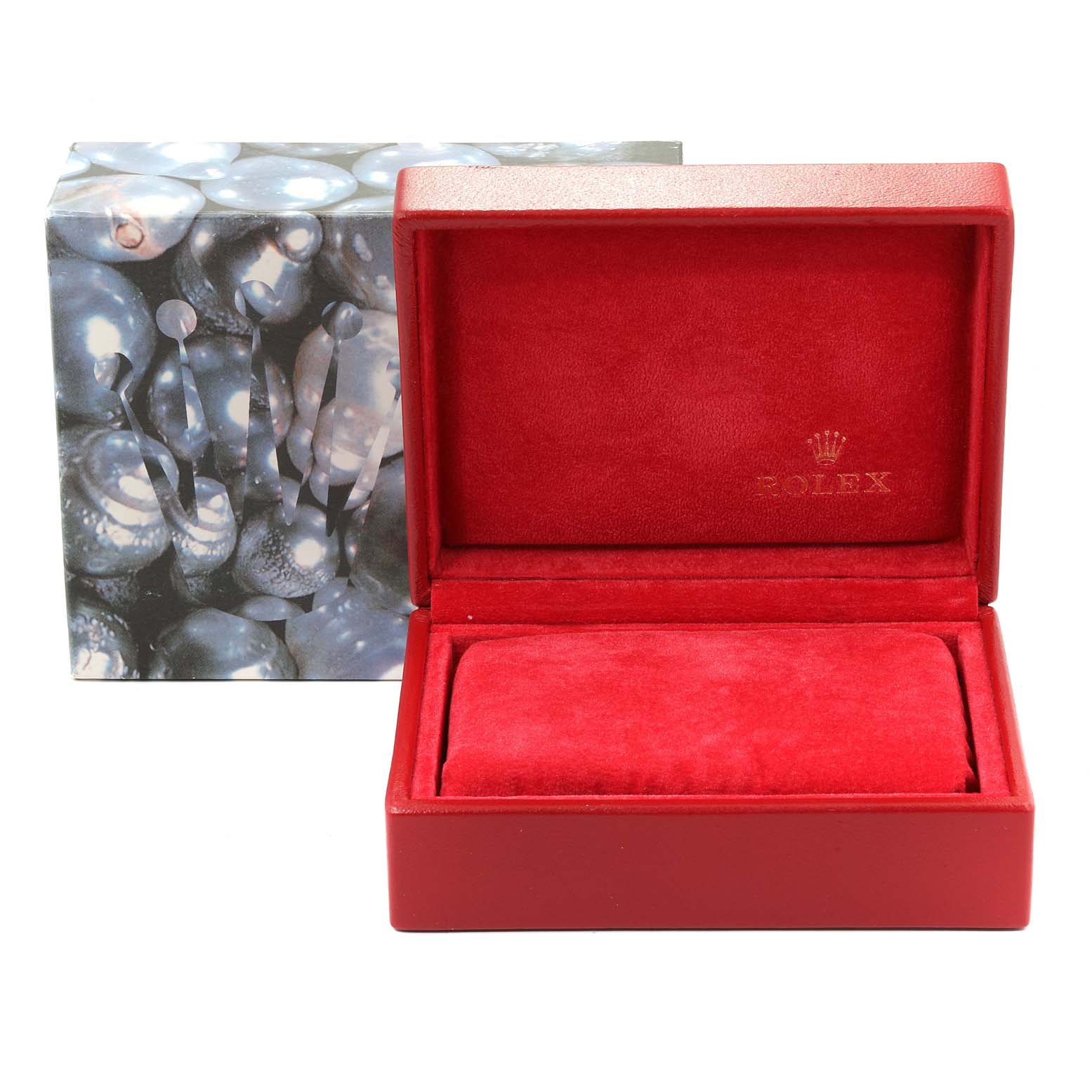 This image shows an open Rolex President 69178 Women's Yellow Gold Silver Dial 69178 Women's Yellow Gold Silver Dial model watch box with a red interior and the box cover placed behind it.