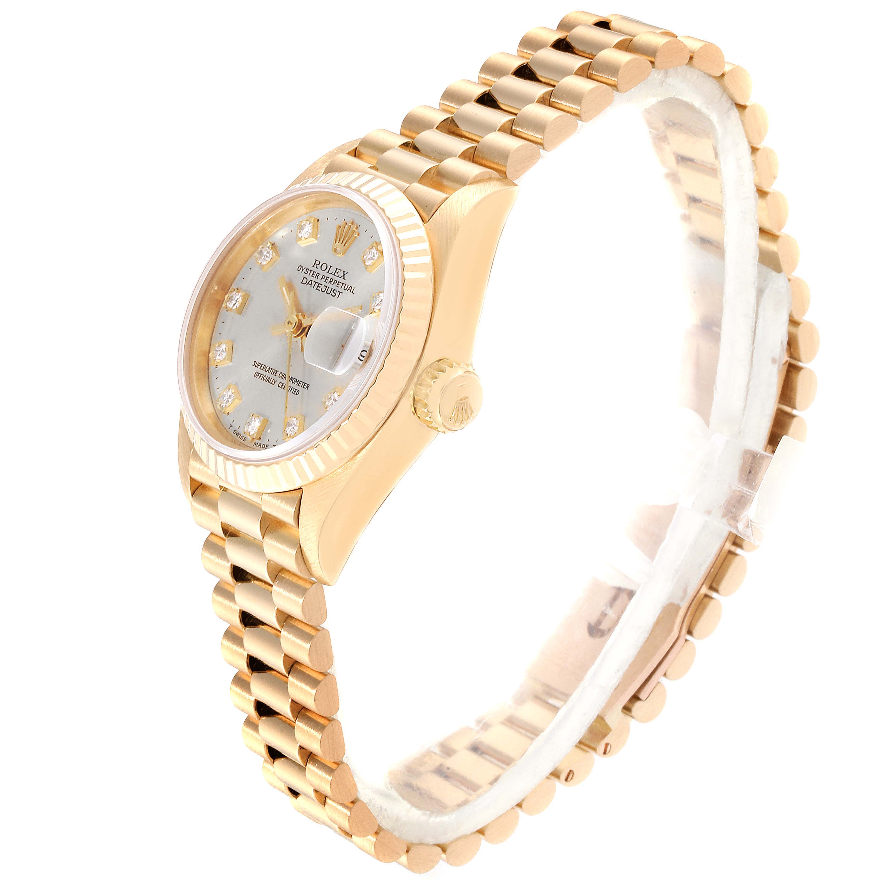 The Rolex President 69178 Women's Yellow Gold Silver Dial 69178 Women's Yellow Gold Silver Dial model watch is shown at a three-quarter angle, displaying the face, bezel, crown, and bracelet.