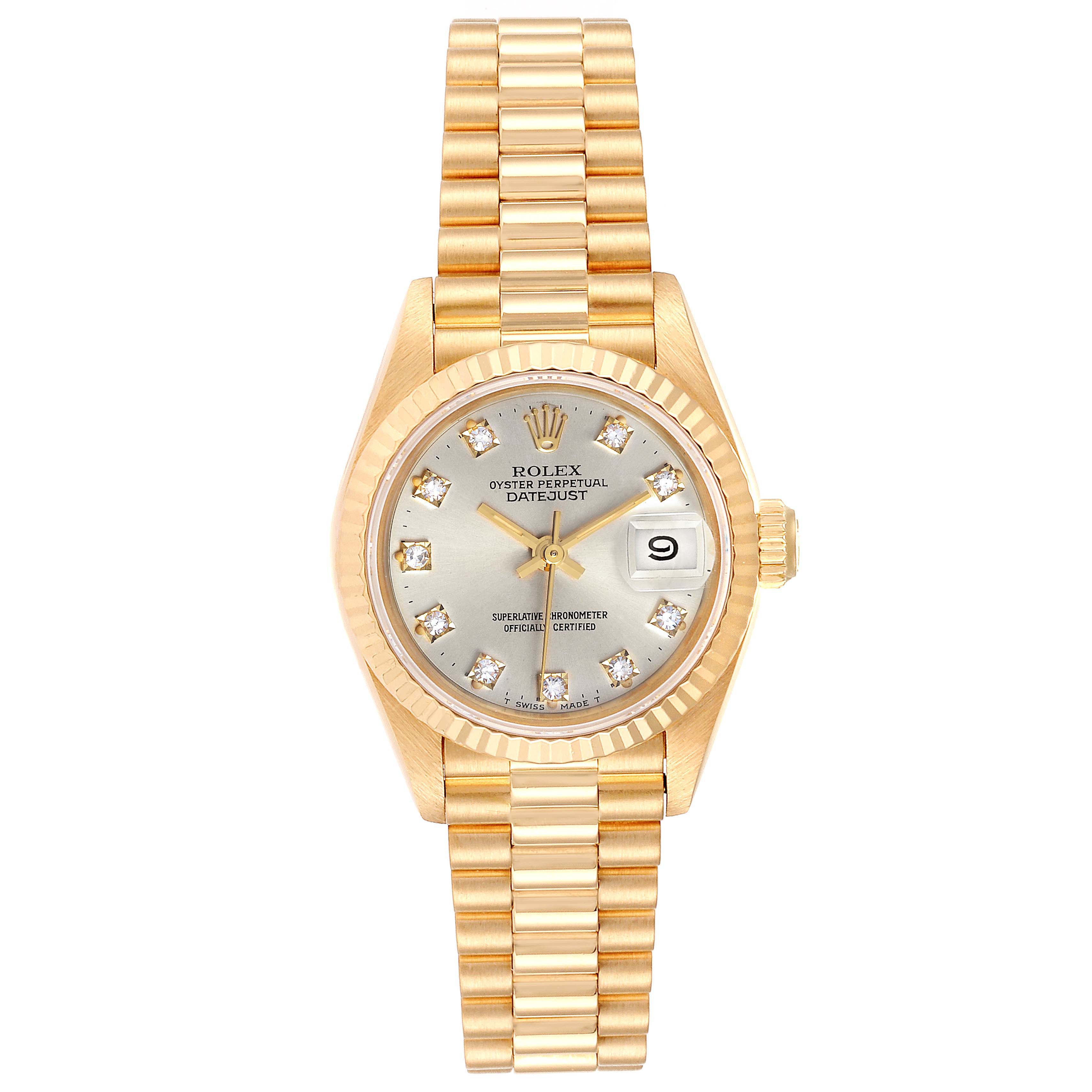 This image shows a frontal view of a gold Rolex President 69178 Women's Yellow Gold Silver Dial 69178 Women's Yellow Gold Silver Dial model, featuring the dial, bezel, and bracelet.