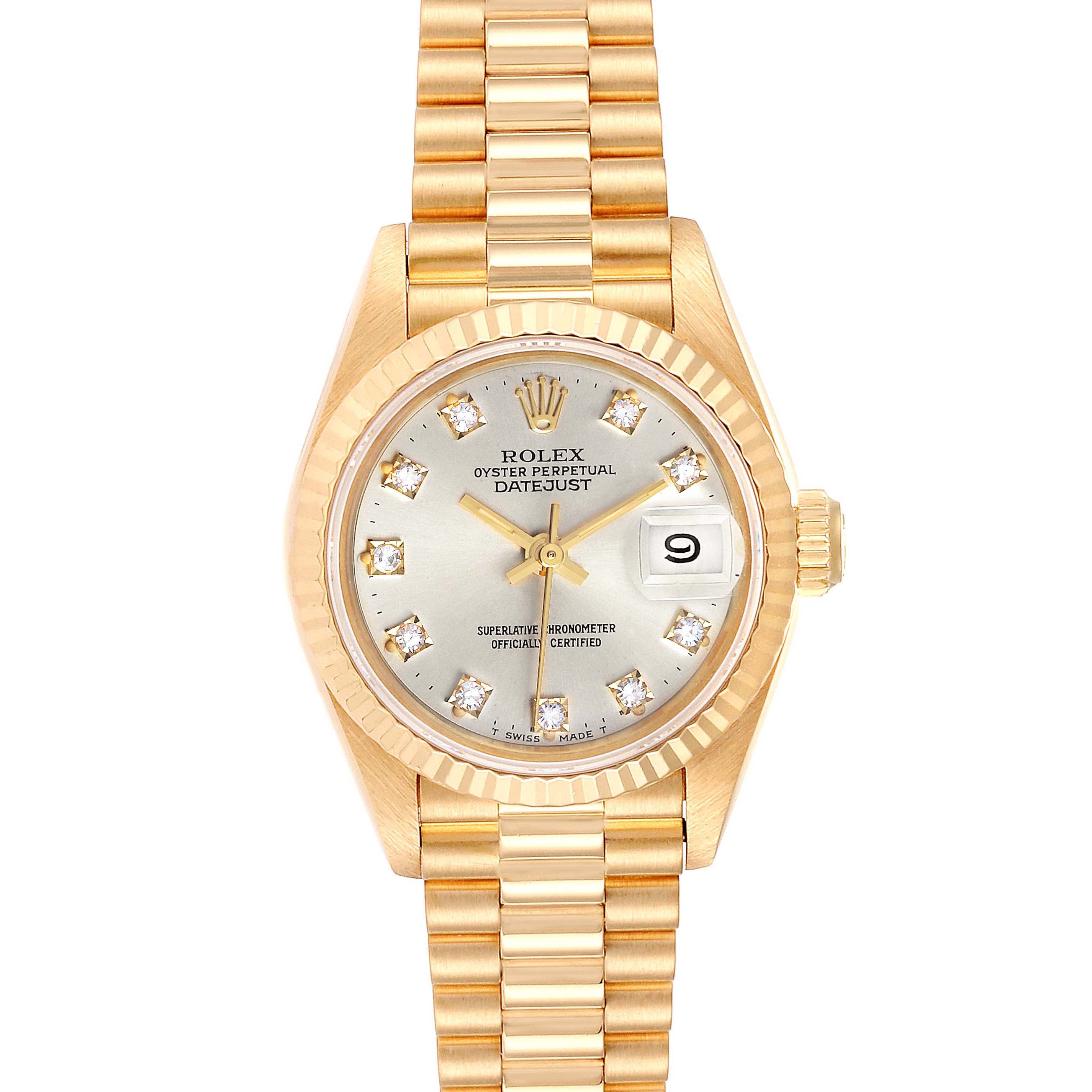 This Rolex President 69178 Women's Yellow Gold Silver Dial 69178 Women's Yellow Gold Silver Dial Datejust watch is shown from a top-down angle, highlighting the dial, bracelet, and crown.