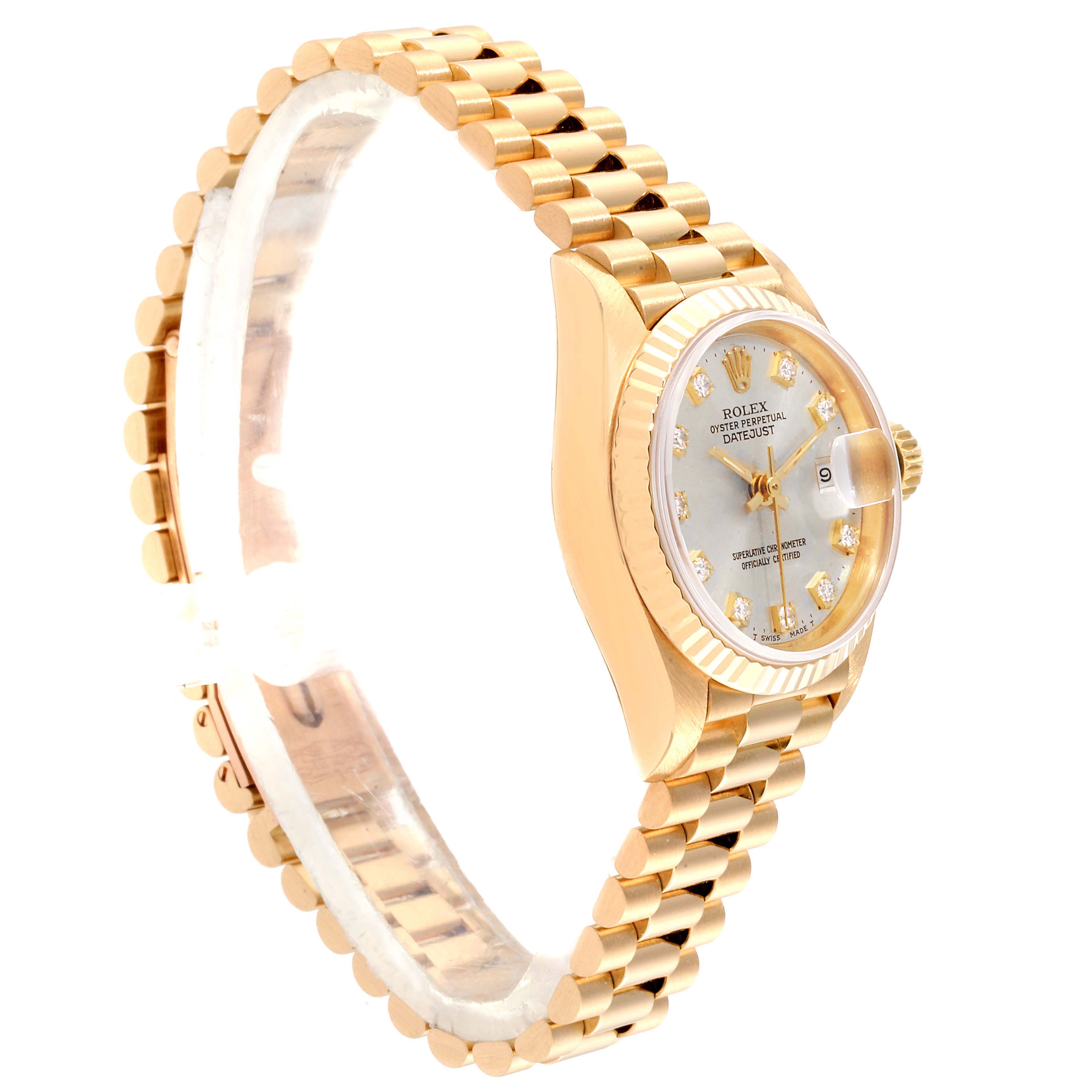 The image shows a side angle of the Rolex President 69178 Women's Yellow Gold Silver Dial 69178 Women's Yellow Gold Silver Dial watch, displaying the bracelet and face with the crown and date window visible.